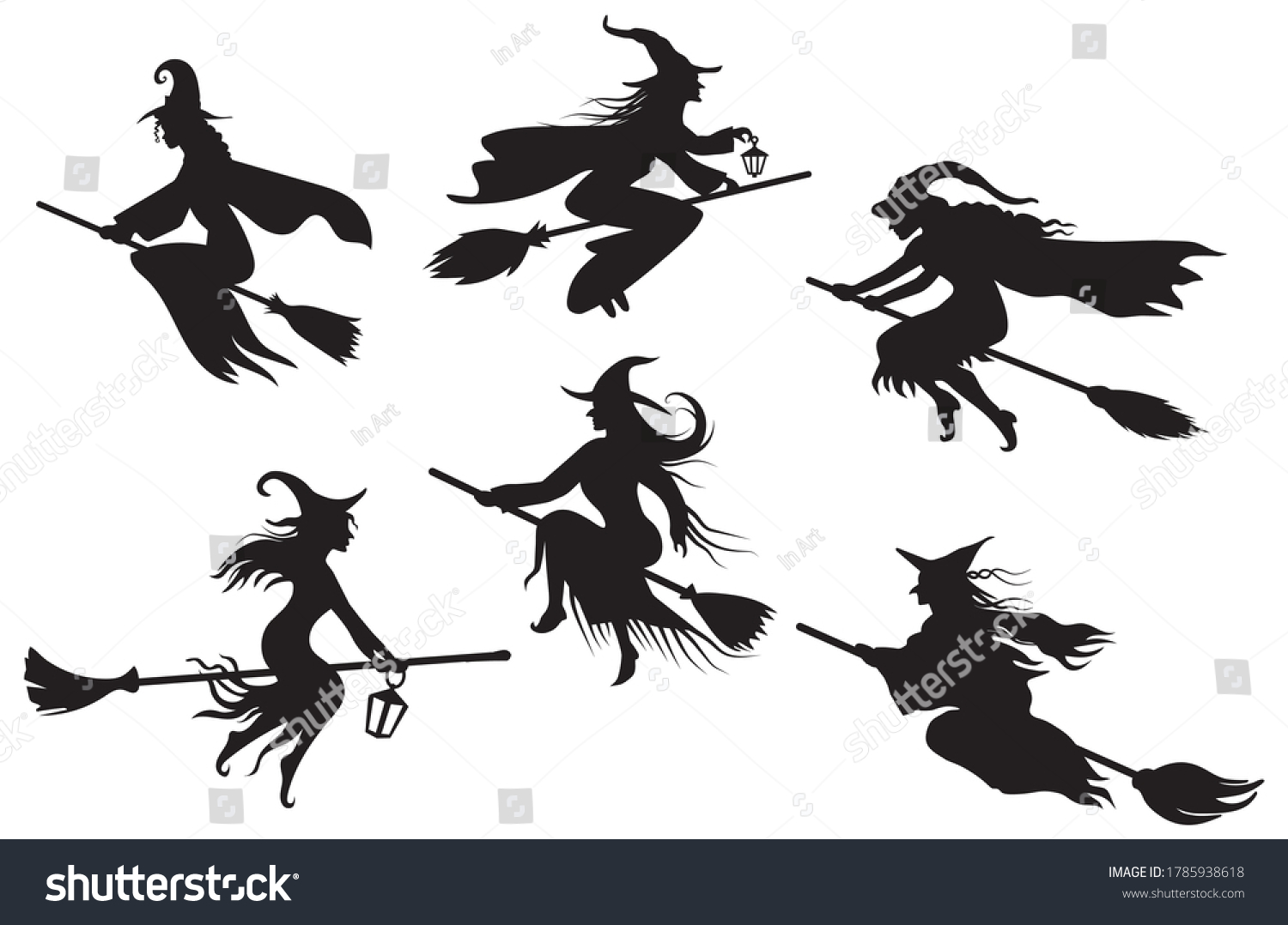 Set Silhouettes Witches Flying On Broomstick Stock Vector (Royalty Free ...