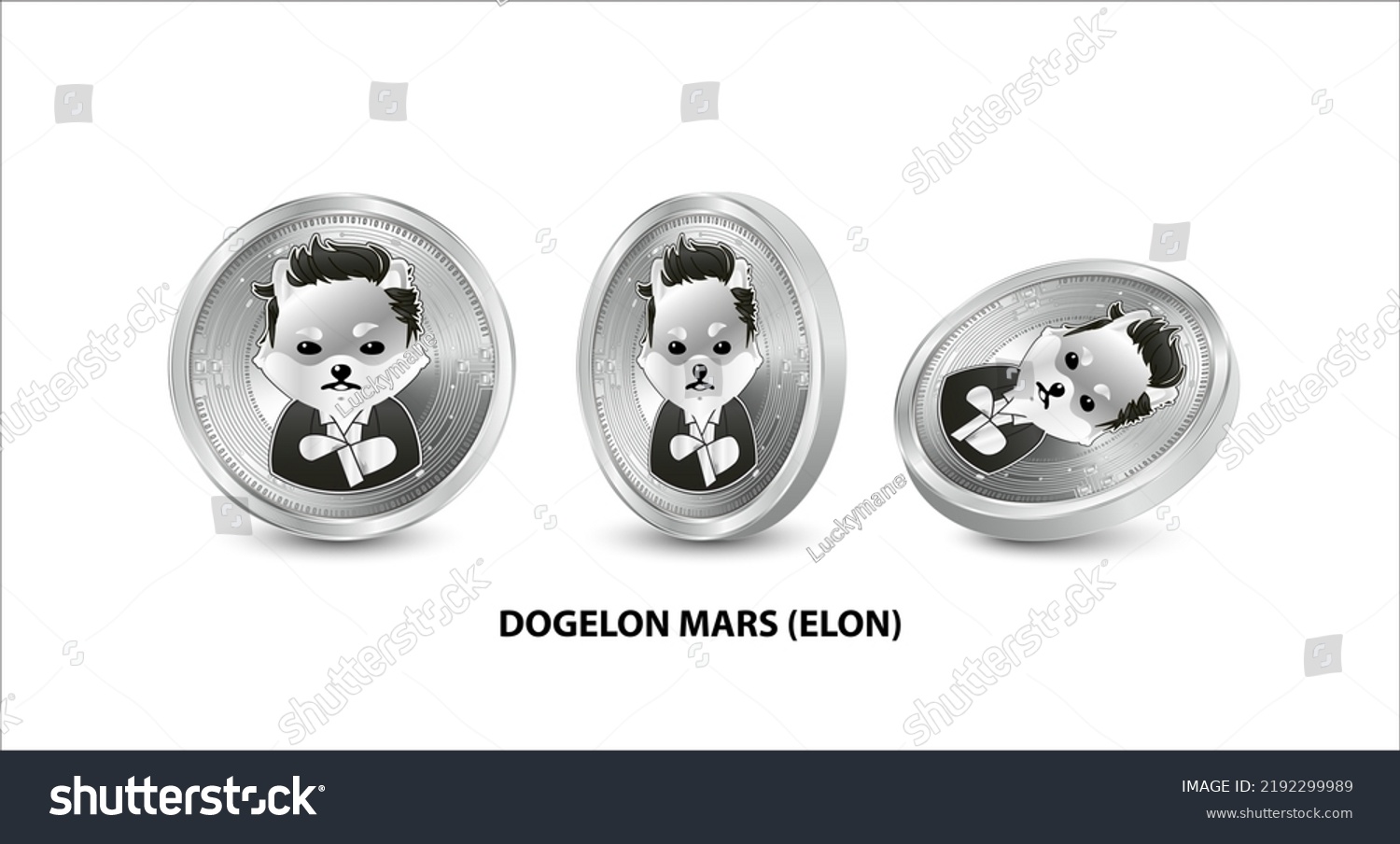 SVG of Set of silver Dogelon Mars (ELON) coin. 3D isometric Physical coins. Digital currency. Cryptocurrency. Silver coin with bitcoin, ripple, ethereum symbol  on white background. Vector illustration. svg