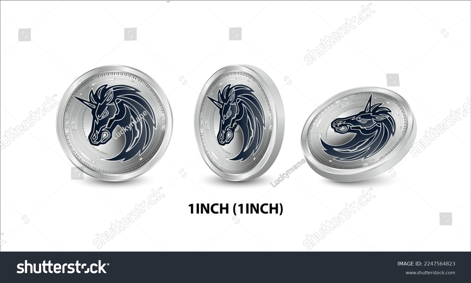 SVG of Set of silver 1inch (1INCH) coin. 3D isometric Physical coins. Digital currency. Cryptocurrency. Silver coin with bitcoin, ripple, ethereum symbol isolated on white background. Vector illustration. svg