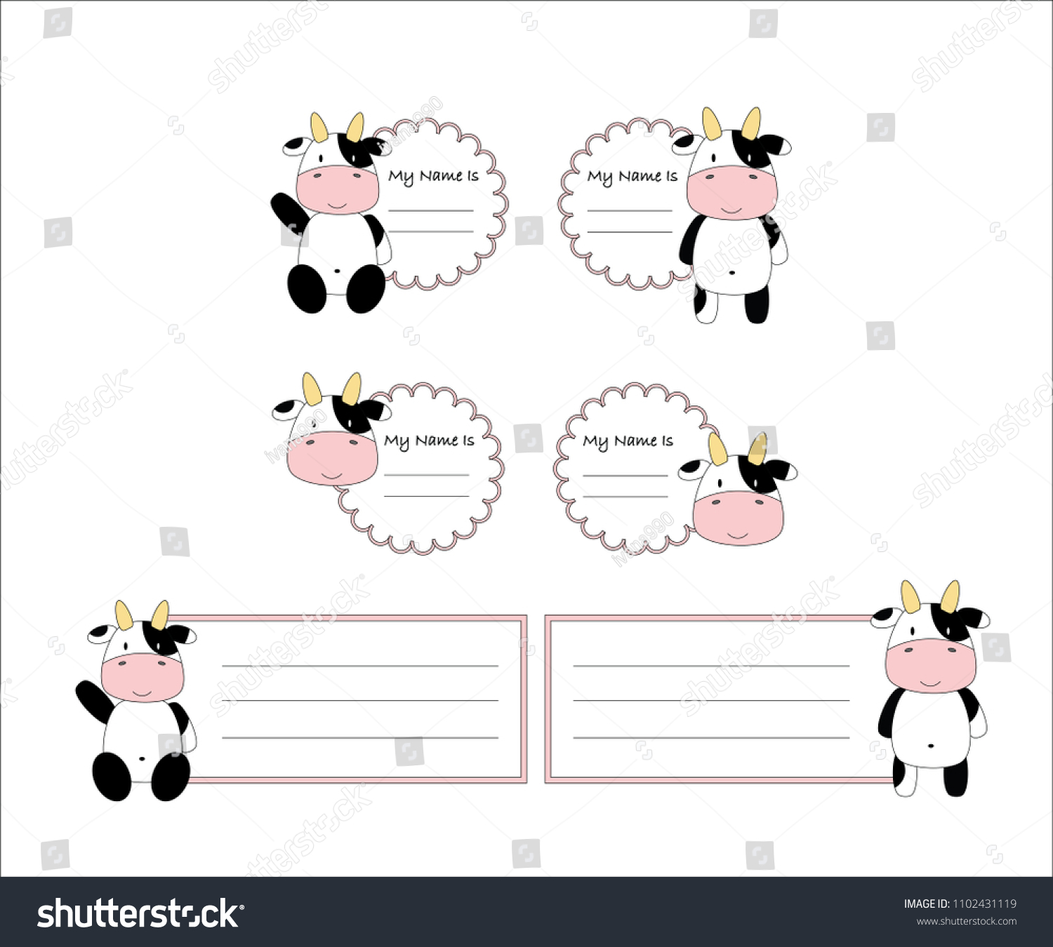 Set Six Cute Black White Cow Stock Vector Royalty Free