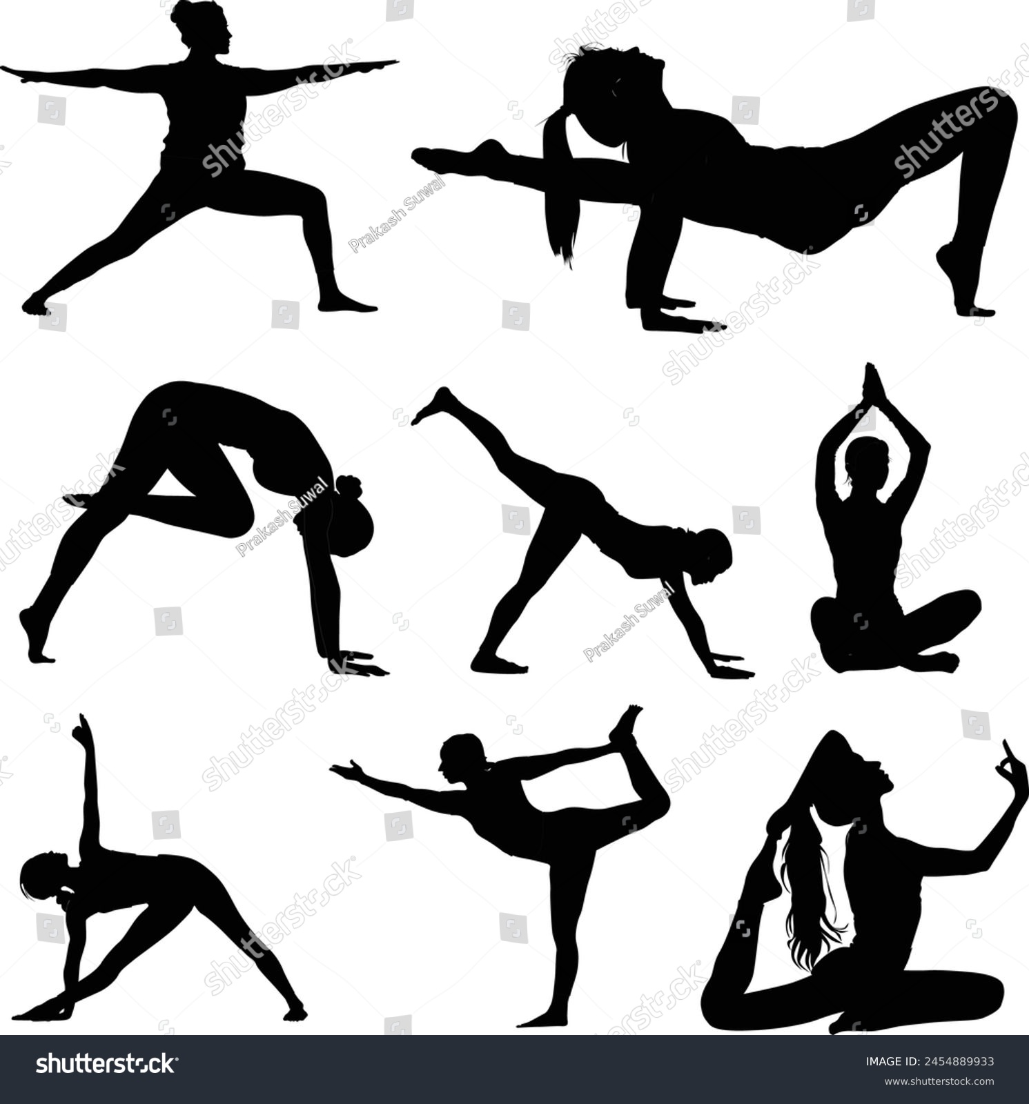 SVG of Set of slim sporty young women doing yoga fitness exercises. Collection of female characters demonstrating various yoga positions isolated on a white background. Vector black Illustration Images. svg