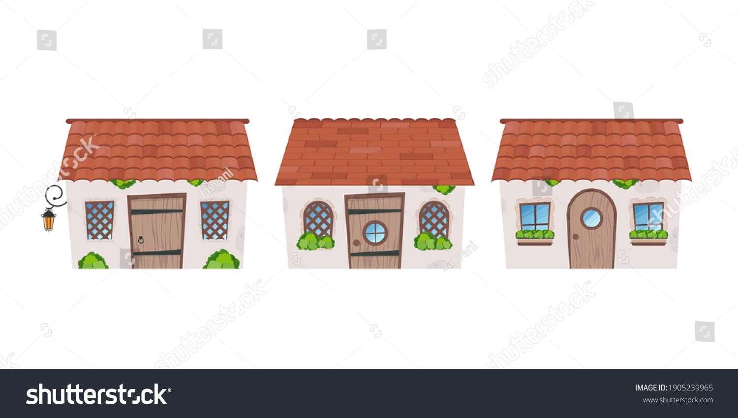 SVG of Set of Small fairy houses. Stone building with windows, door and roof. Cartoon style. For the design of games, postcards and books. Isolated on white background. Vector  svg