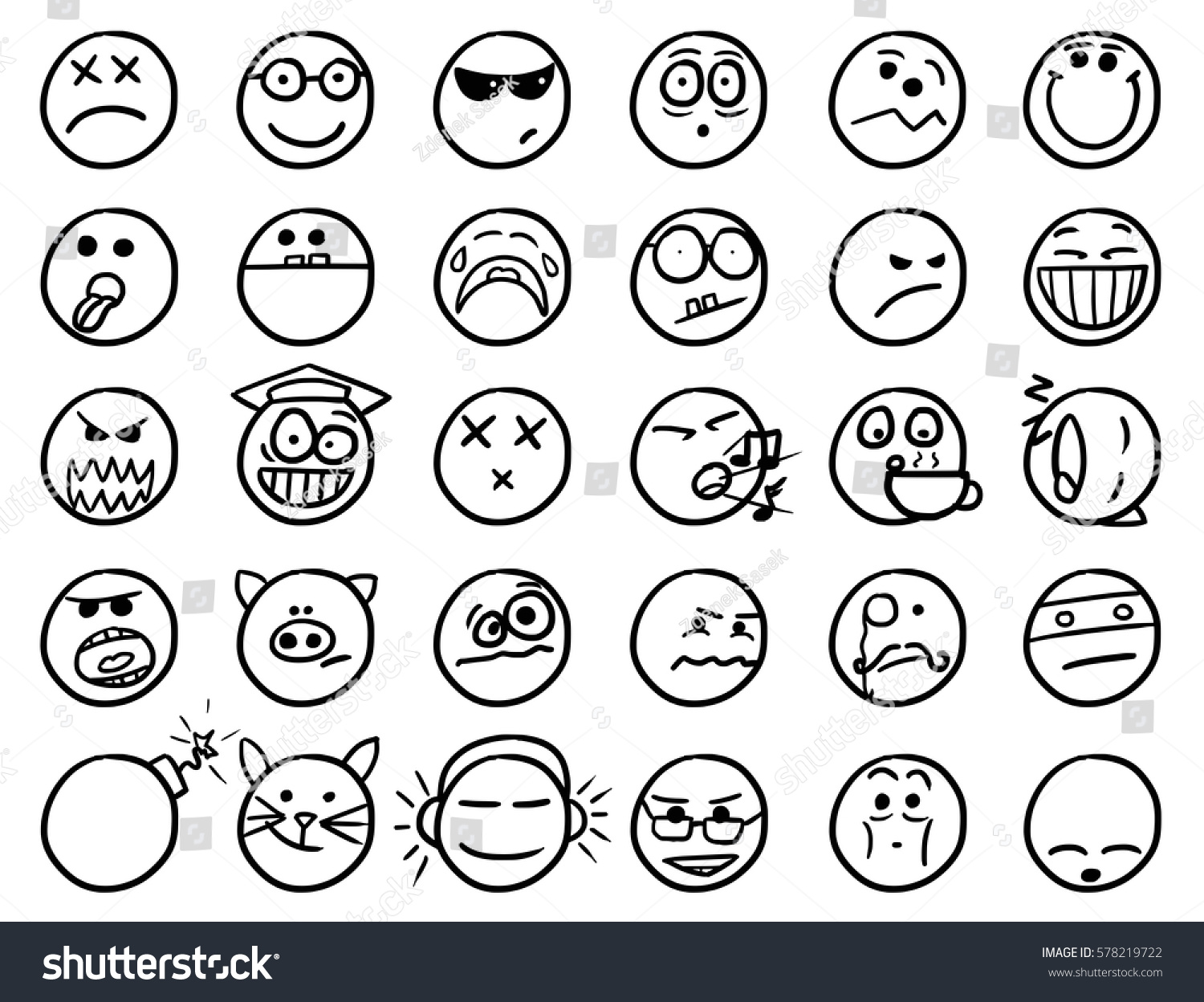 Set Smiley Icons Drawings Doodles Black Stock Vector 578219722 ...