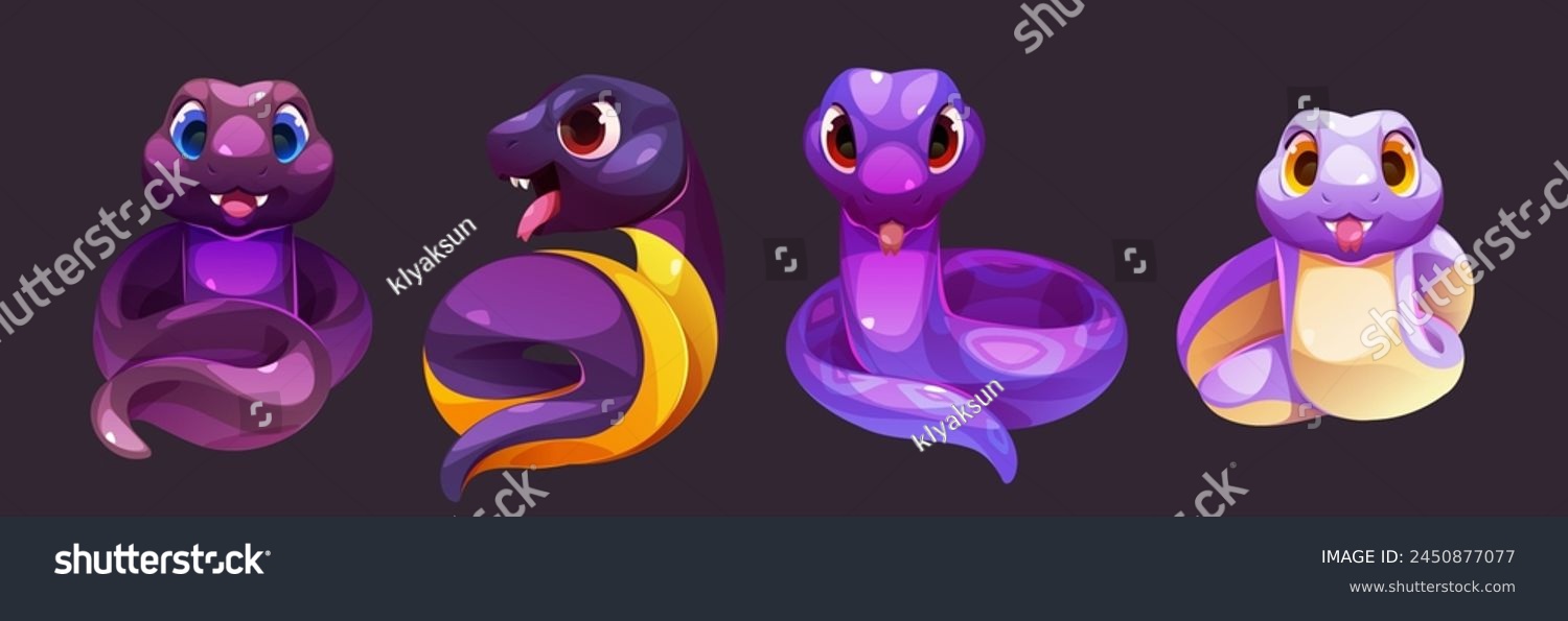 SVG of Set of snake characters isolated on black background. Vector cartoon illustration of cute purple, blue and yellow serpent mascots with smile, angry face, forked tongue and poisonous teeth, zoo pet svg