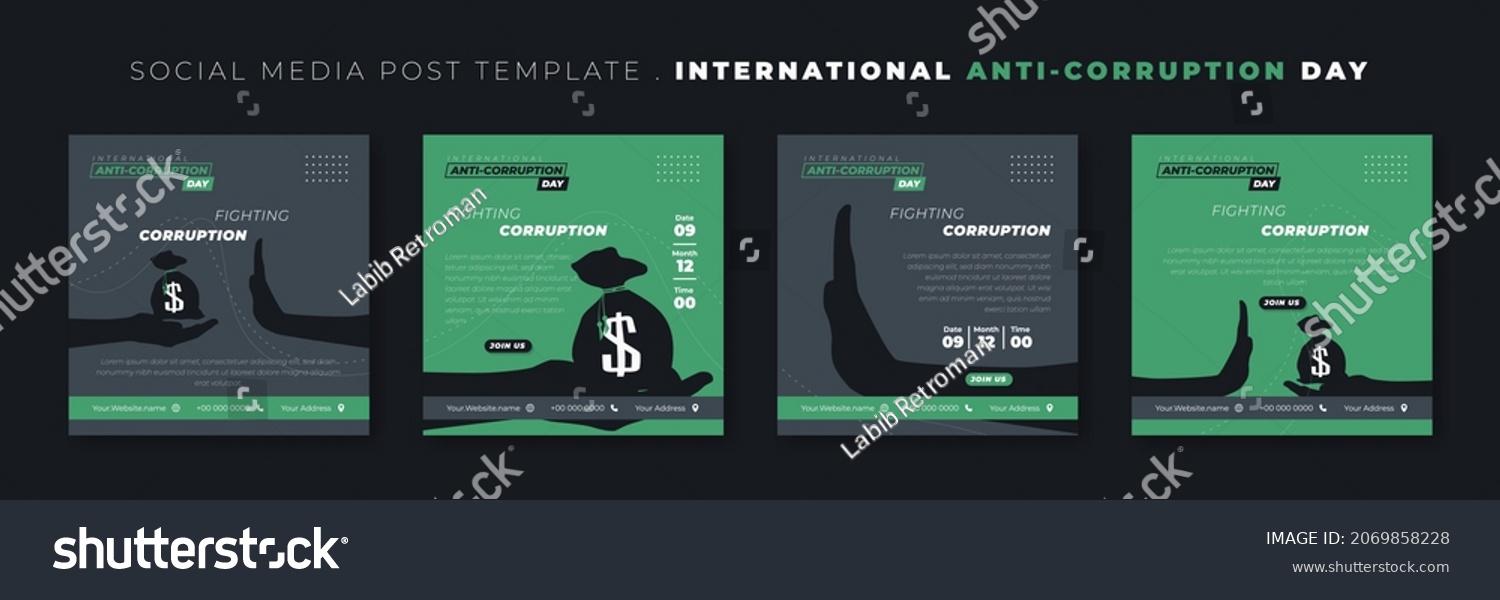 SVG of Set of social media post template with hand giving dollar bag and hand stop design. International Anti Corruption Day template design. Good template for online advertisement design. svg