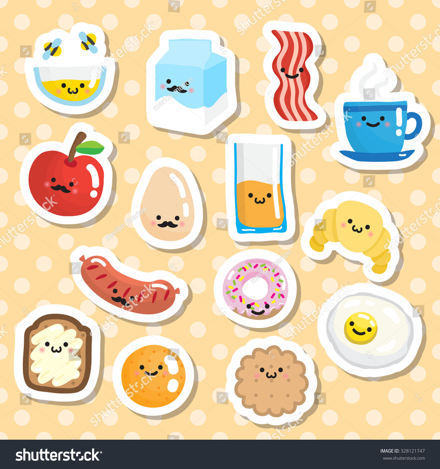 Set Stickers Cute Smiling Breakfast Food Stock Vector 328121747 ...