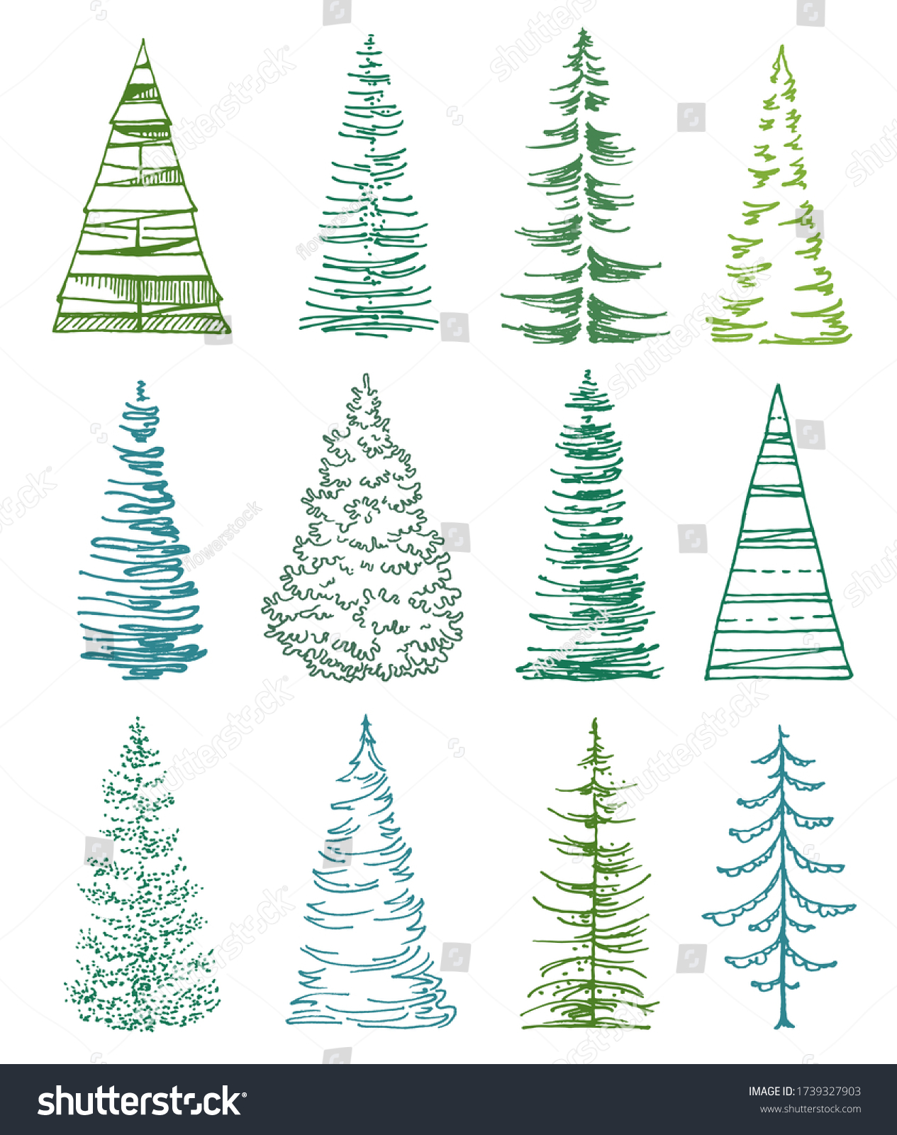 SVG of set of stylized fir trees on white. line art spruce trees with minimal design, various lines and shapes svg