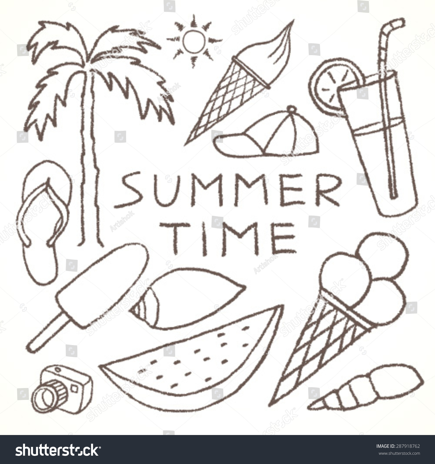 Set Summer Sketches Hand Drawn Pencil Stock Vector 287918762 - Shutterstock