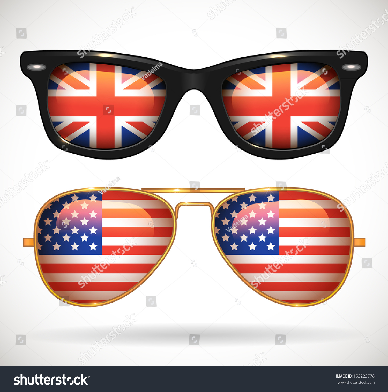 SVG of Set of sunglasses with british and american flag reflections - vector illustration. svg