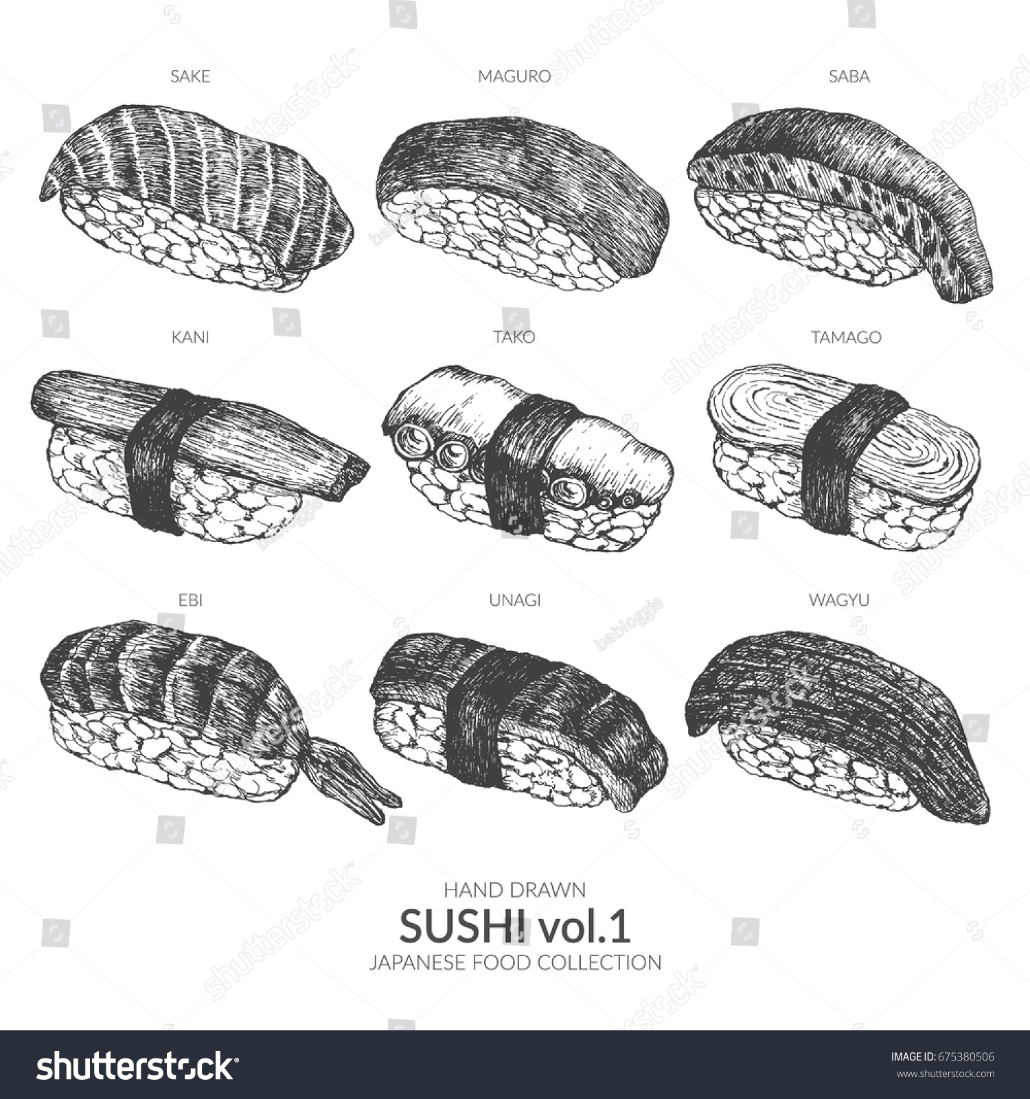 Set Sushi Hand Drawn Collection Ink Stock Vector (Royalty Free ...