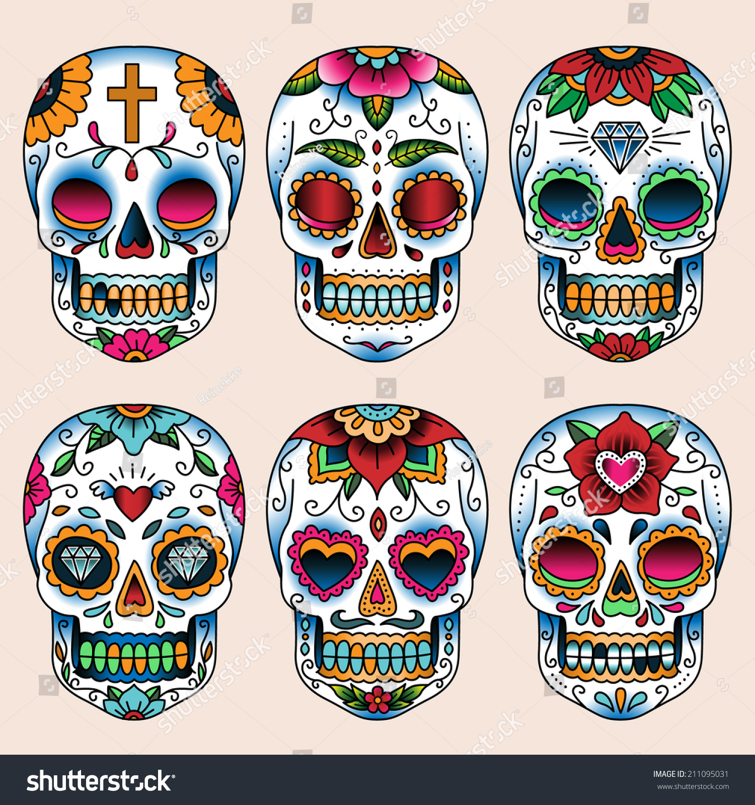 Set Of Tattoo Art Skulls In Mexican Style For Design And Decoration ...