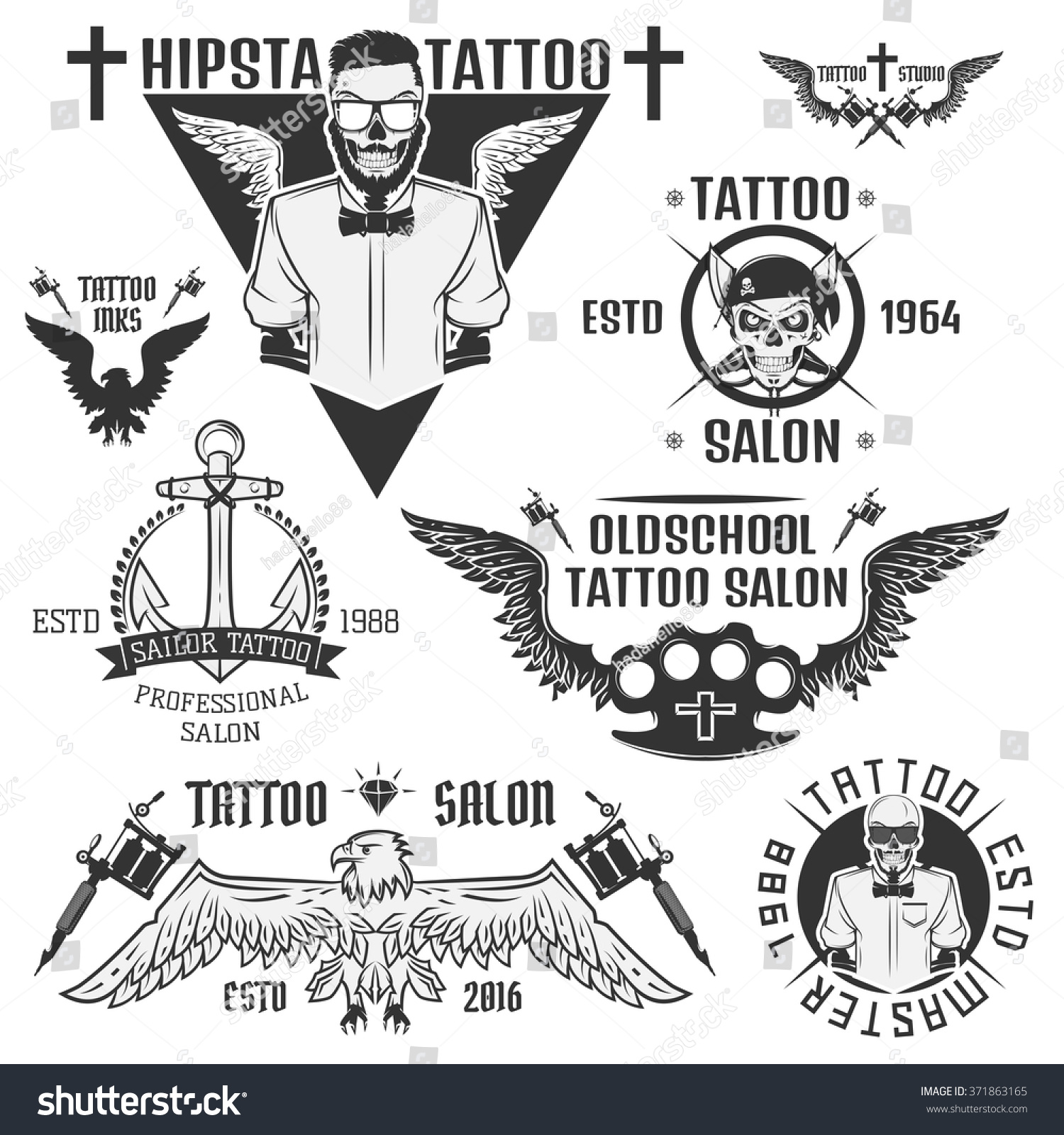 set tattooist skeleton masterssailor hipster tattoo stock vector set tattooist skeleton masterssailor hipster tattoo stock vector