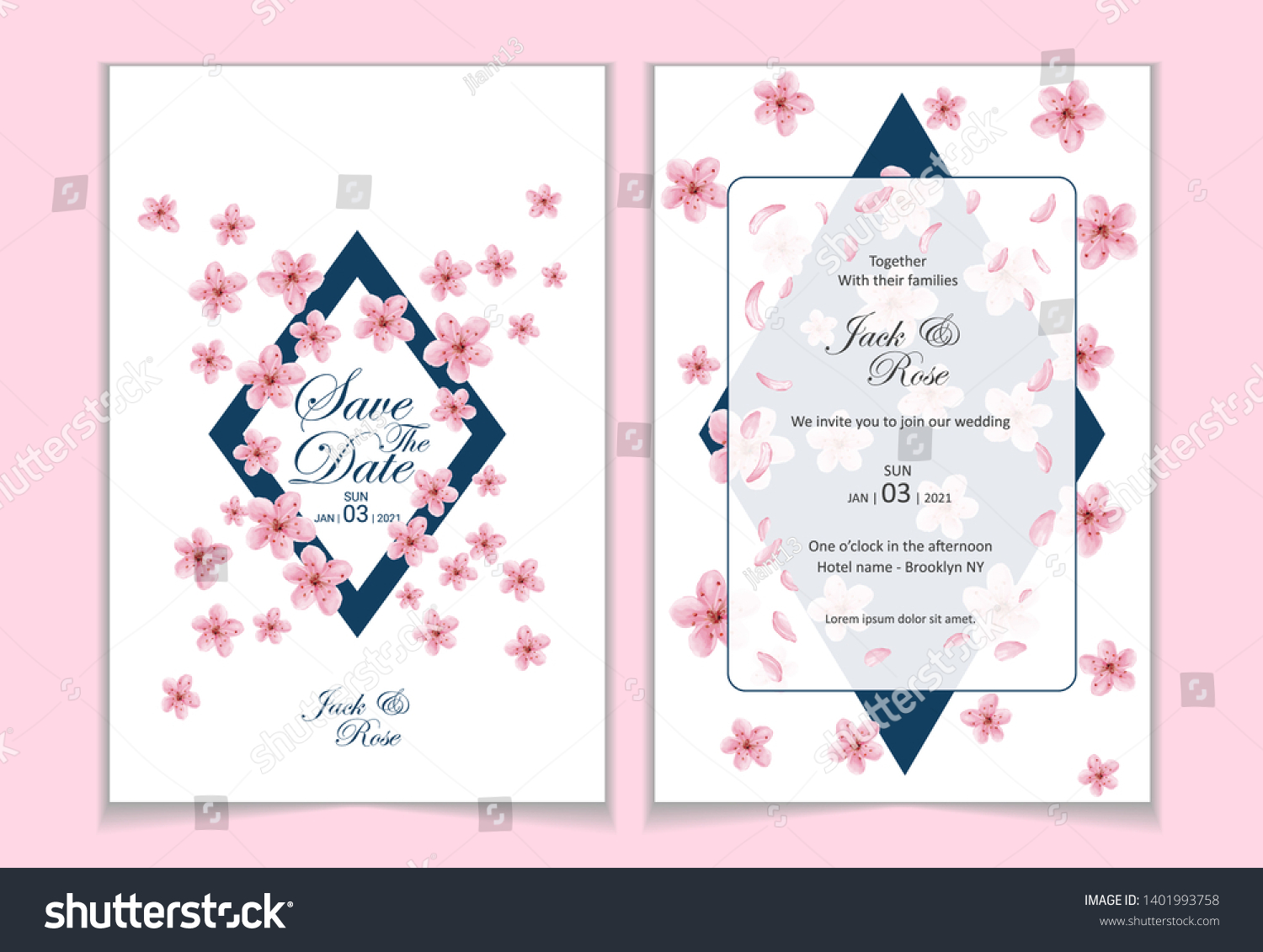 Set Template Cherry Blossom Wedding Invitation Stock Vector (Royalty