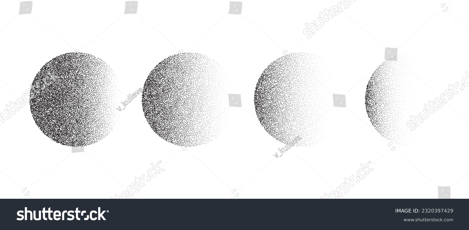 SVG of Set of textured gradient spheres. Black dotted circles collections. Stippled round elements pack. Fading noise grain dotwork shapes. Halftone effect illustrations bundle. Vector  svg