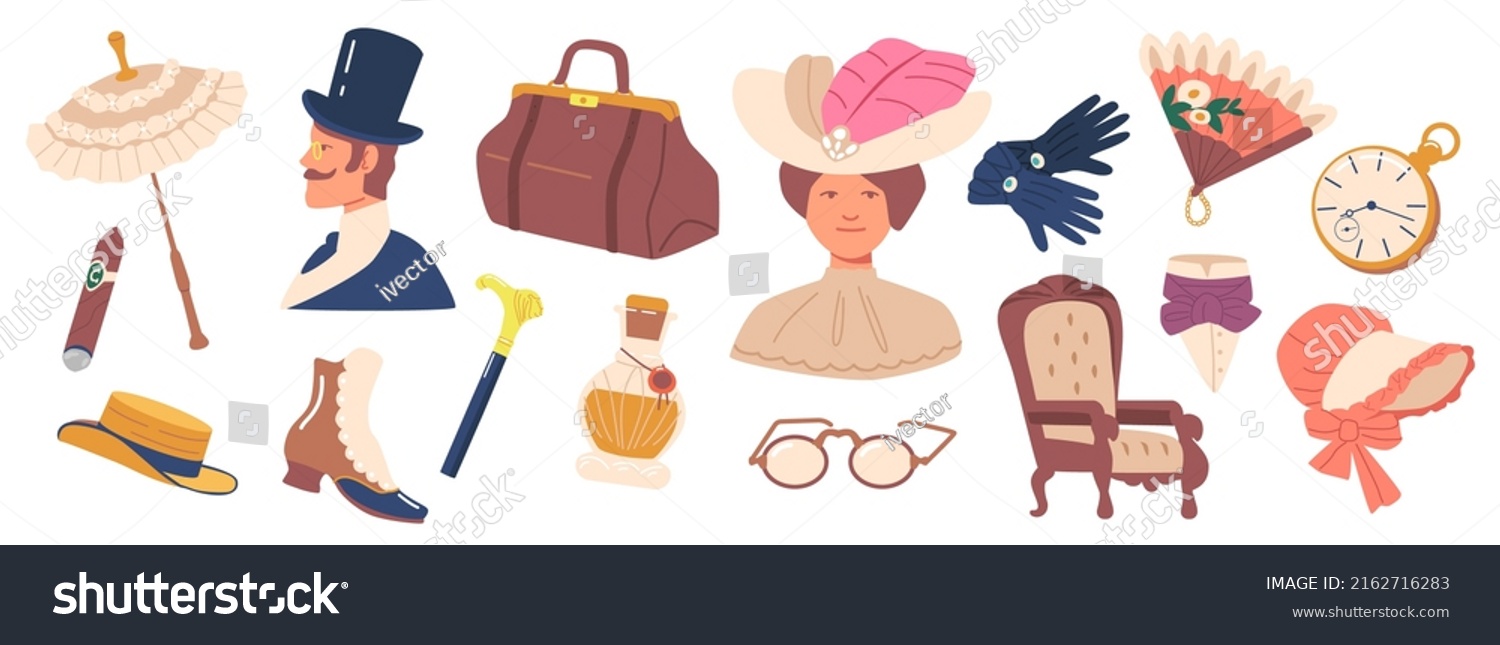 SVG of Set of 19th Century Items Umbrella, Cigar, Valise Bag, Pocket Watch and Glasses. Walking Cane, Hat, Boots and Gloves. Lady or Gentleman Clothes, Armchair of Classic Design. Cartoon Vector Illustration svg