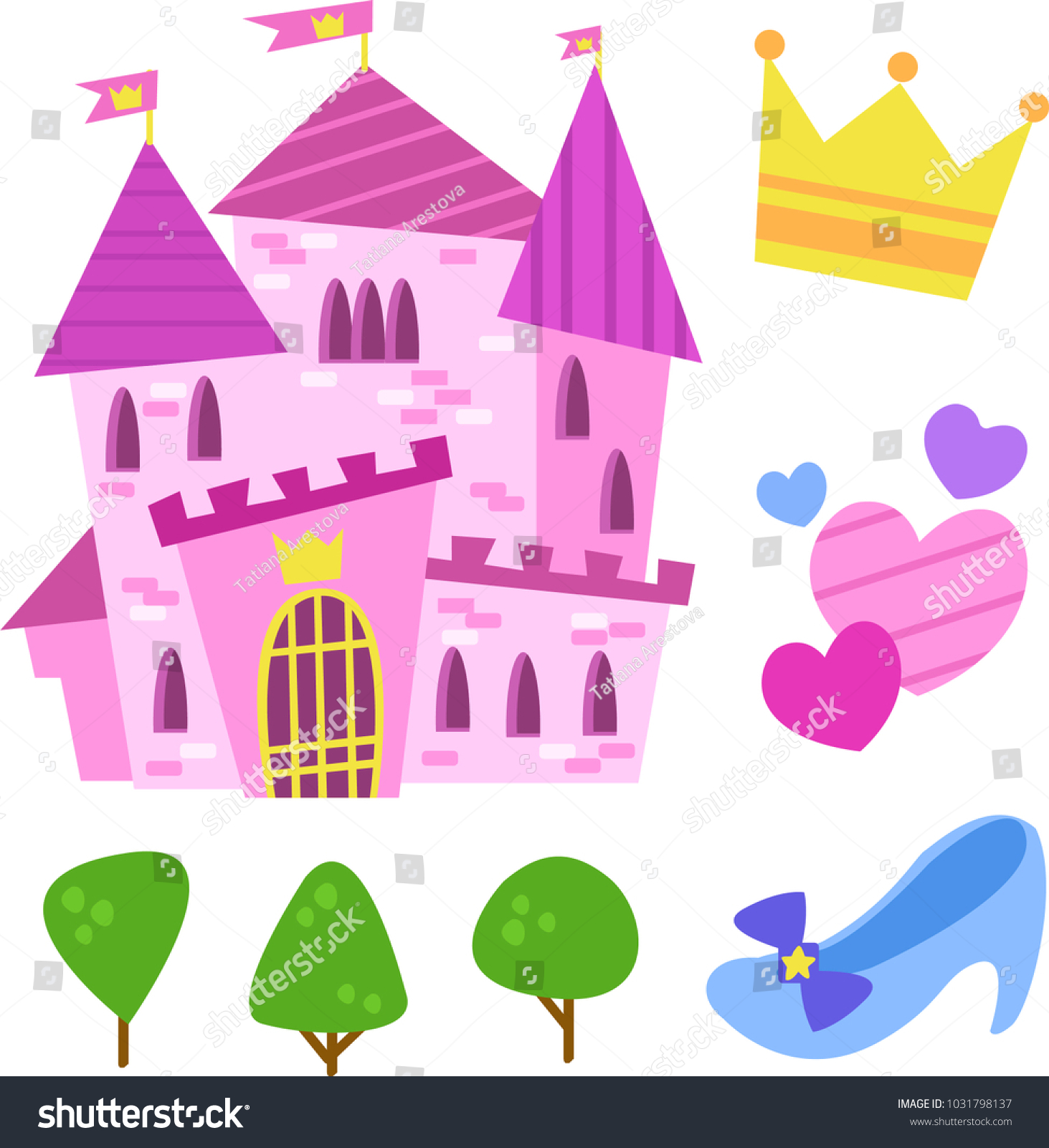 Set Castle Shoes Heart Crown Trees Stock Vector Royalty Free