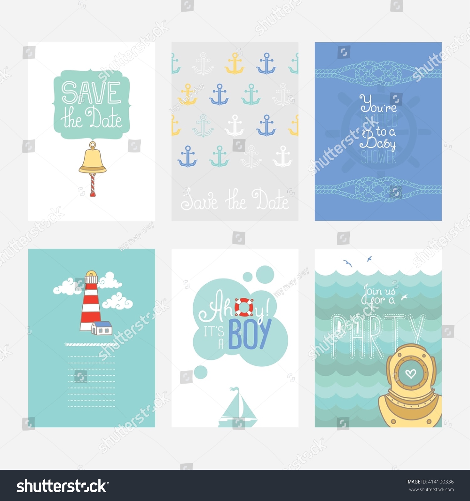 SVG of Set of the colorful cards with nautical design elements in doodle style on the marine background for a boy's birthday party design svg