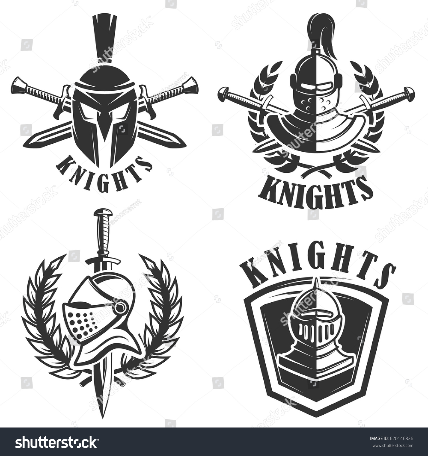 Set Emblems Knights Helmets Swords Design Stock Vector (Royalty Free ...