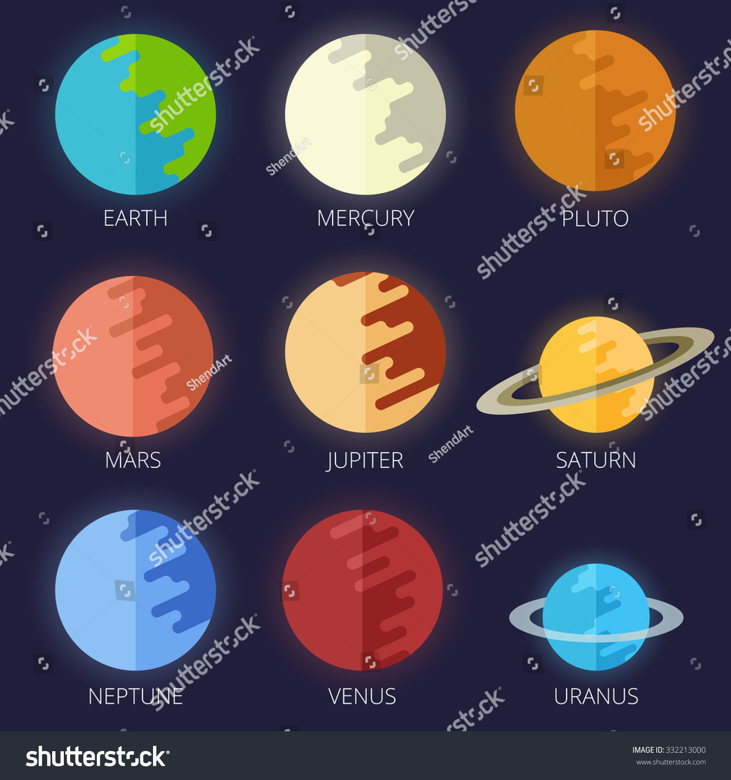 Set Of The Nine Planets Of The Solar System In A Cartoon Style Flat ...