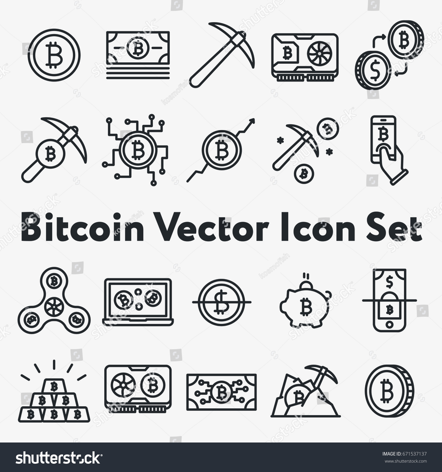 SVG of Set of Thin Line Stroke Vector Bitcoin and Cryptocurrency Icons. Mining, coin, pickaxe, gold, money, spinner, video card, phone, laptop, exchange. svg