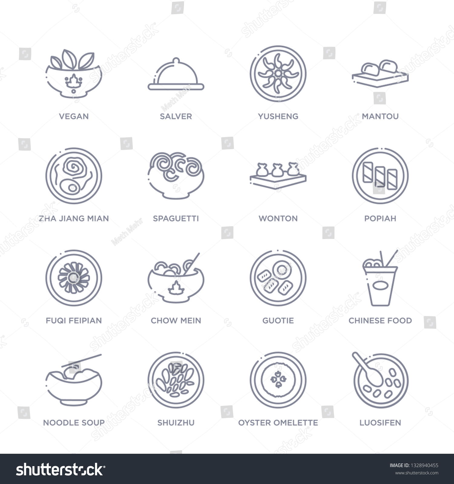 SVG of set of 16 thin linear icons such as luosifen, oyster omelette, shuizhu, noodle soup, chinese food, guotie, chow mein from food collection on white background, outline sign icons or symbols svg