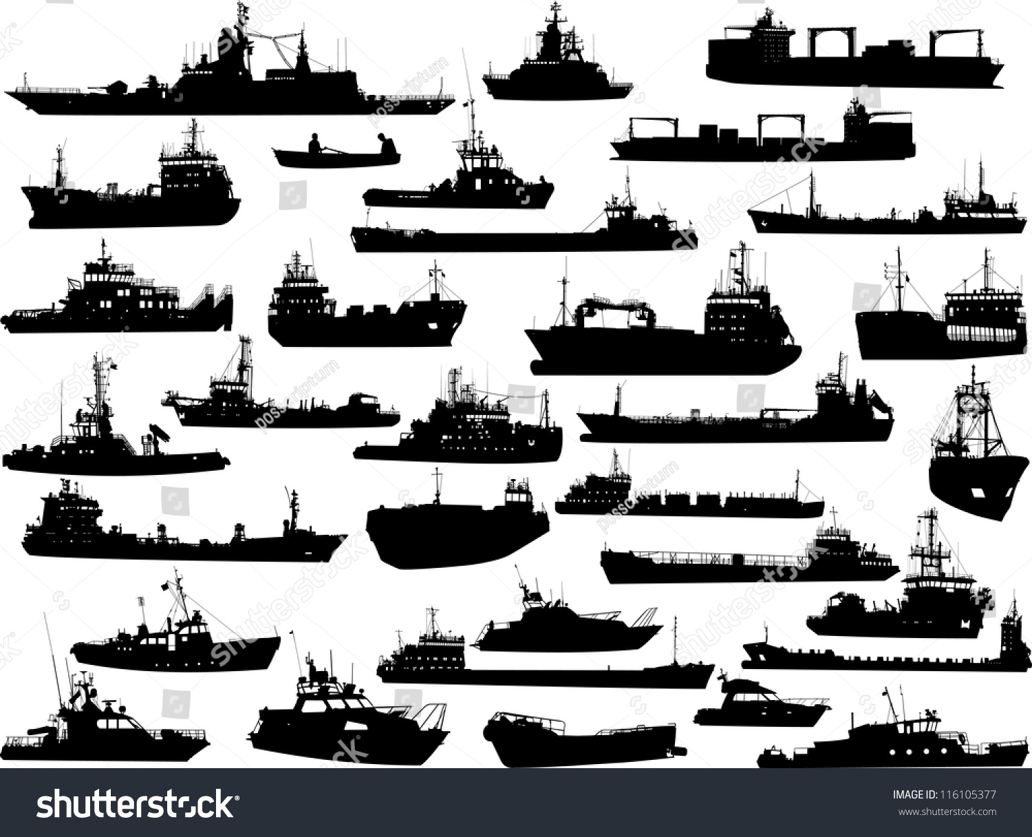 Set Of 32 (Thirty Two) Silhouettes Of Sea Yachts, Towboat And The Ships ...