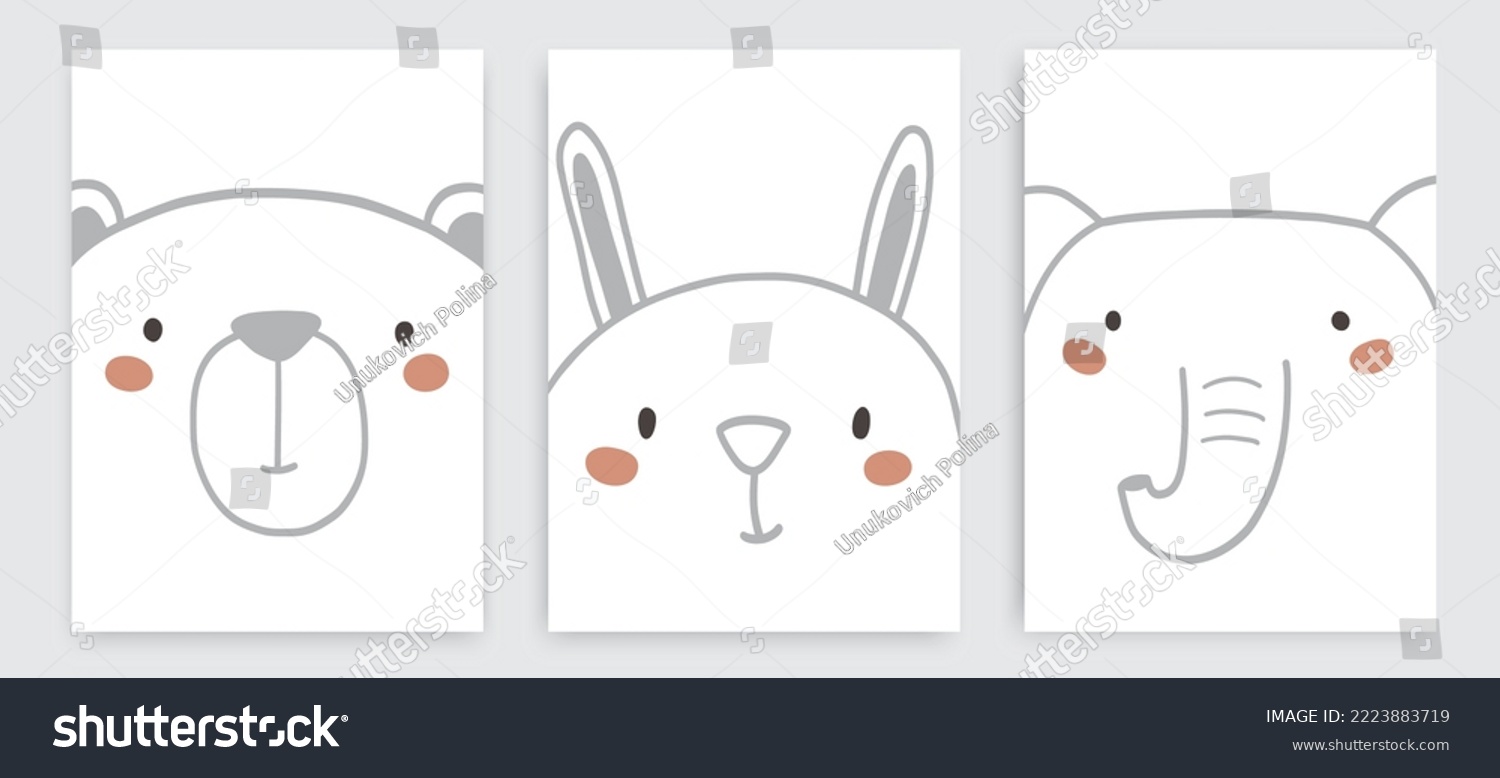 SVG of Set of three animal childish cartoon comic printable wall posters in earth pastel colors with rabbit elephant bear face on dark gray blue background for nursery children room, cover, fabric svg