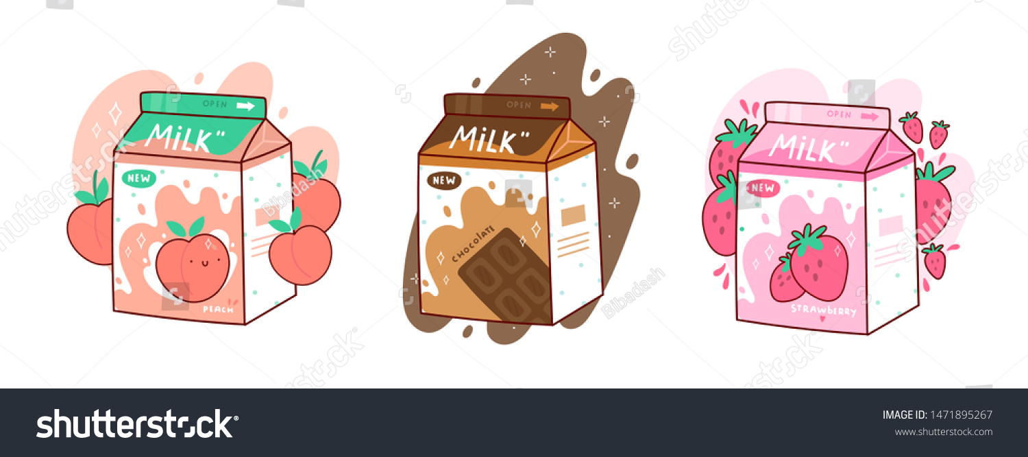 SVG of Set of three cartons of milk. Three various tastes. Chocolate, strawberry and peach. Asian product. Hand drawn colored trendy vector illustration. Kawaii anime design. Cartoon style svg