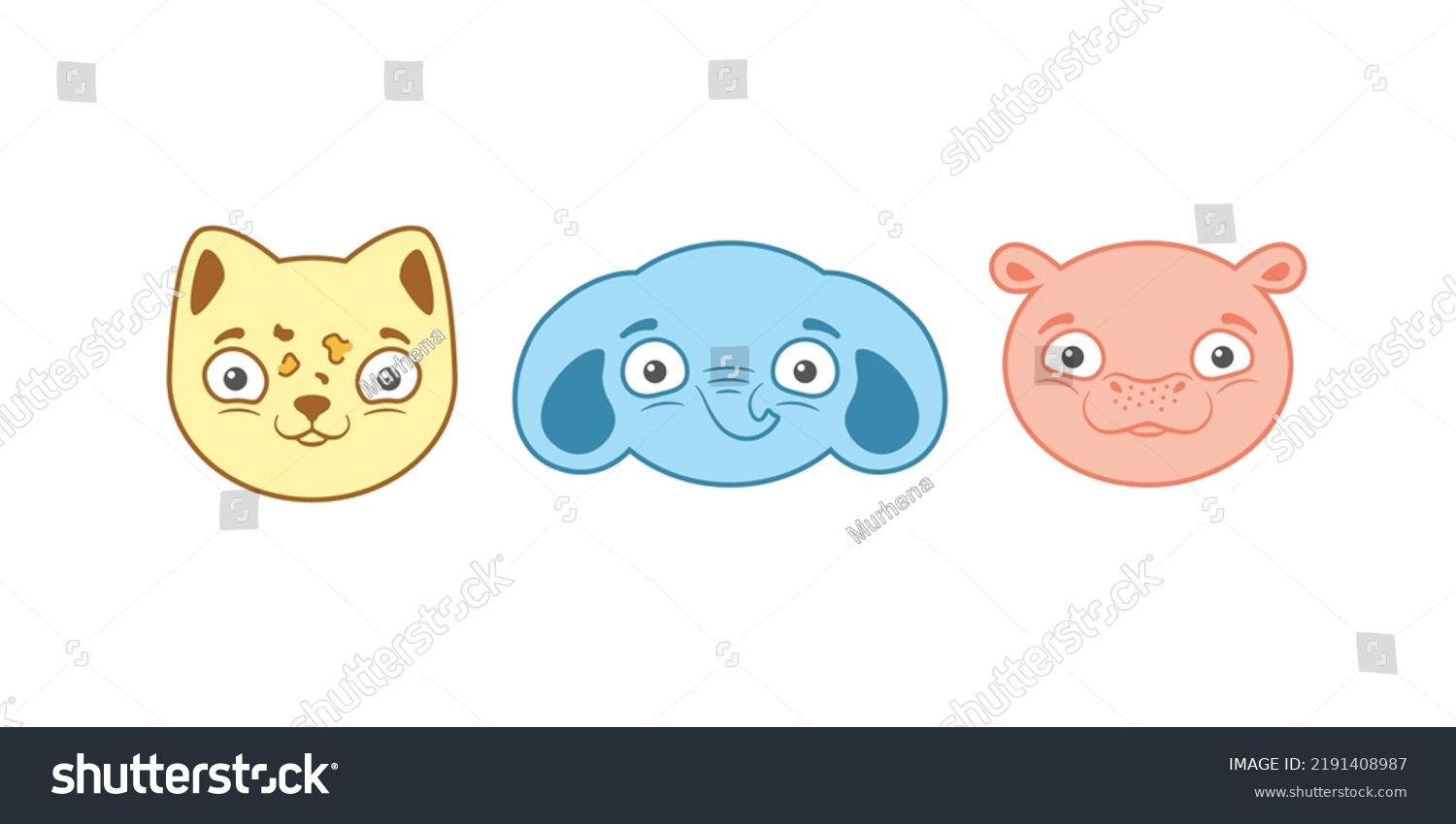SVG of Set of three cartoon joyful cute muzzle. Happy lovely elephant, leopard and hippo faces for kids sticker or any other childish design. Funny colorful animal heads illustration svg