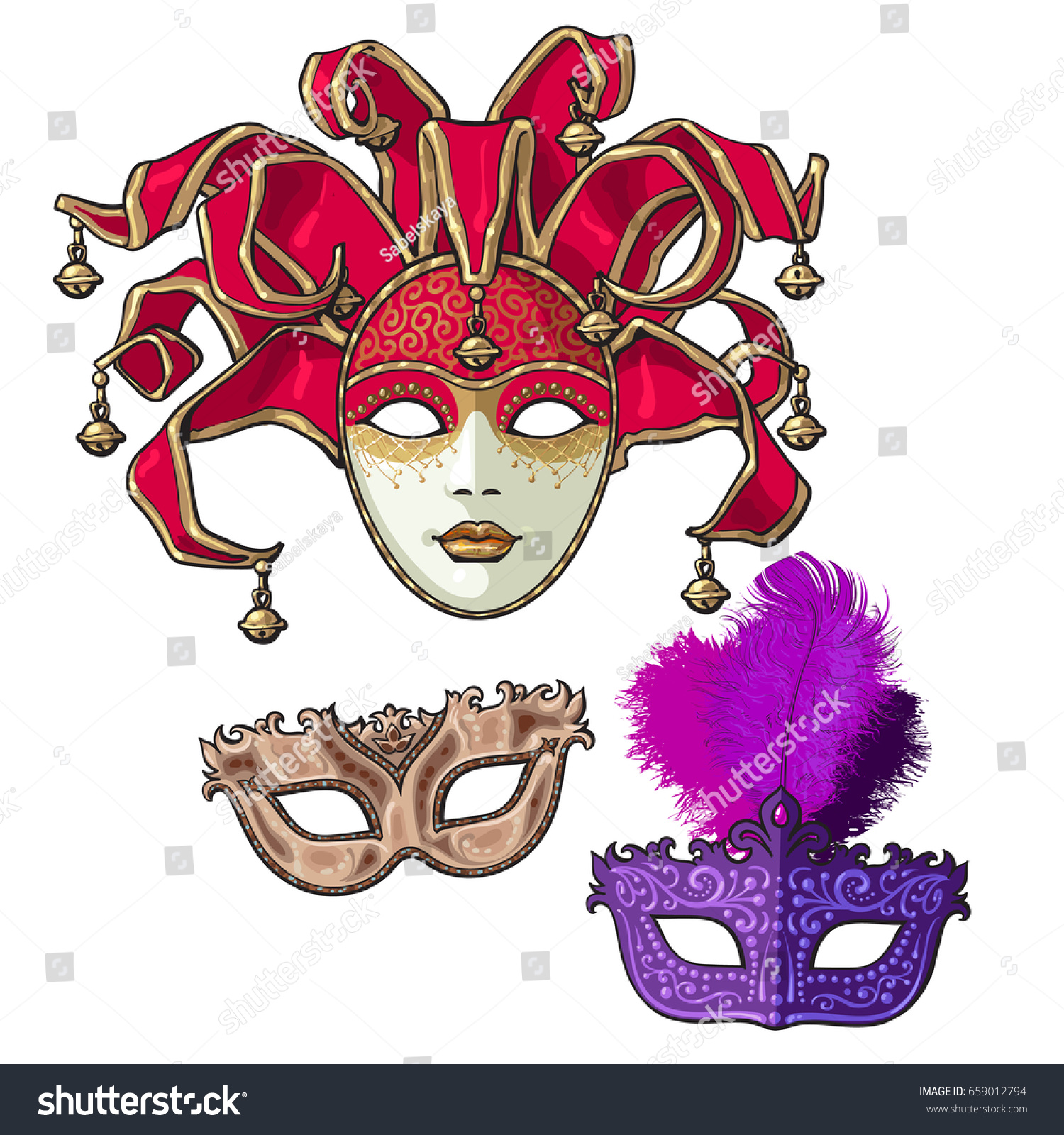 Set Three Decorated Venetian Carnival Masks Stock Vector Royalty Free 659012794 4877