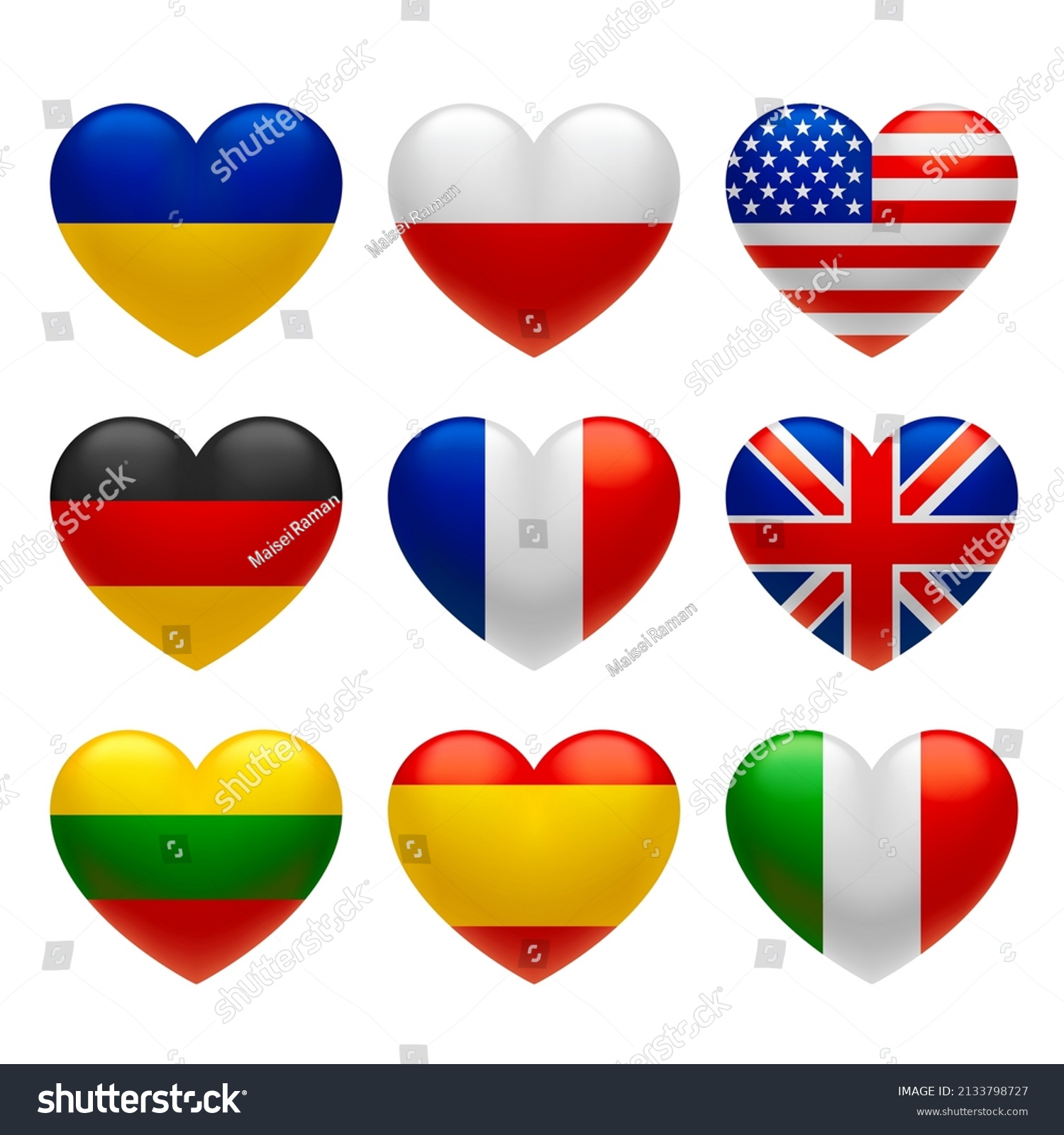 Set Three Dimensional Country Flags Heart Stock Vector Royalty Free