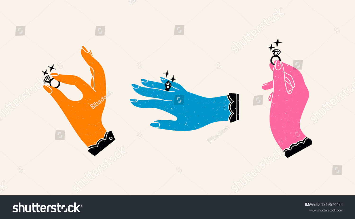SVG of Set of three isolated Elegant Female hands holding and showing the Rings with a sparkling Diamonds. Wedding, jewelry, engagement concept. Hand drawn trendy colored Vector illustration svg