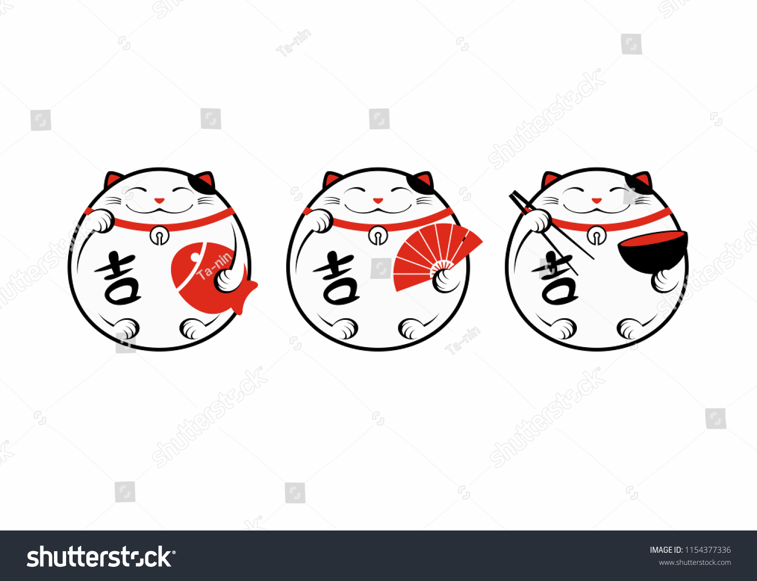 SVG of Set of Three lucky cats Maneki-Neko with a fan, fish and chopsticks svg