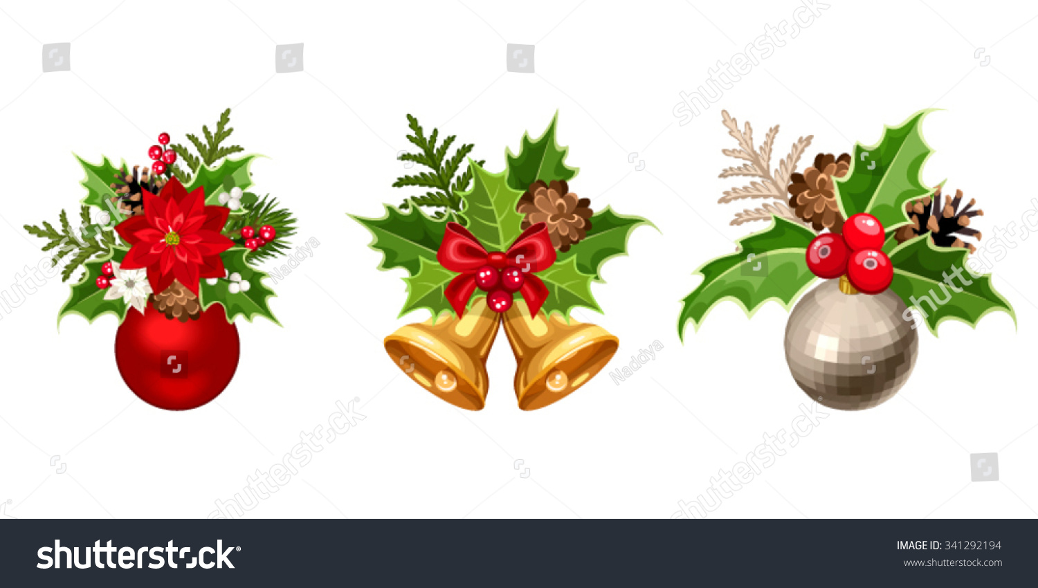 The three main Christmas symbols are mistletoe, holly and striped mint cane-shaped candy The three main Christmas symbols are mistletoe, holly and striped mint cane-shaped candy