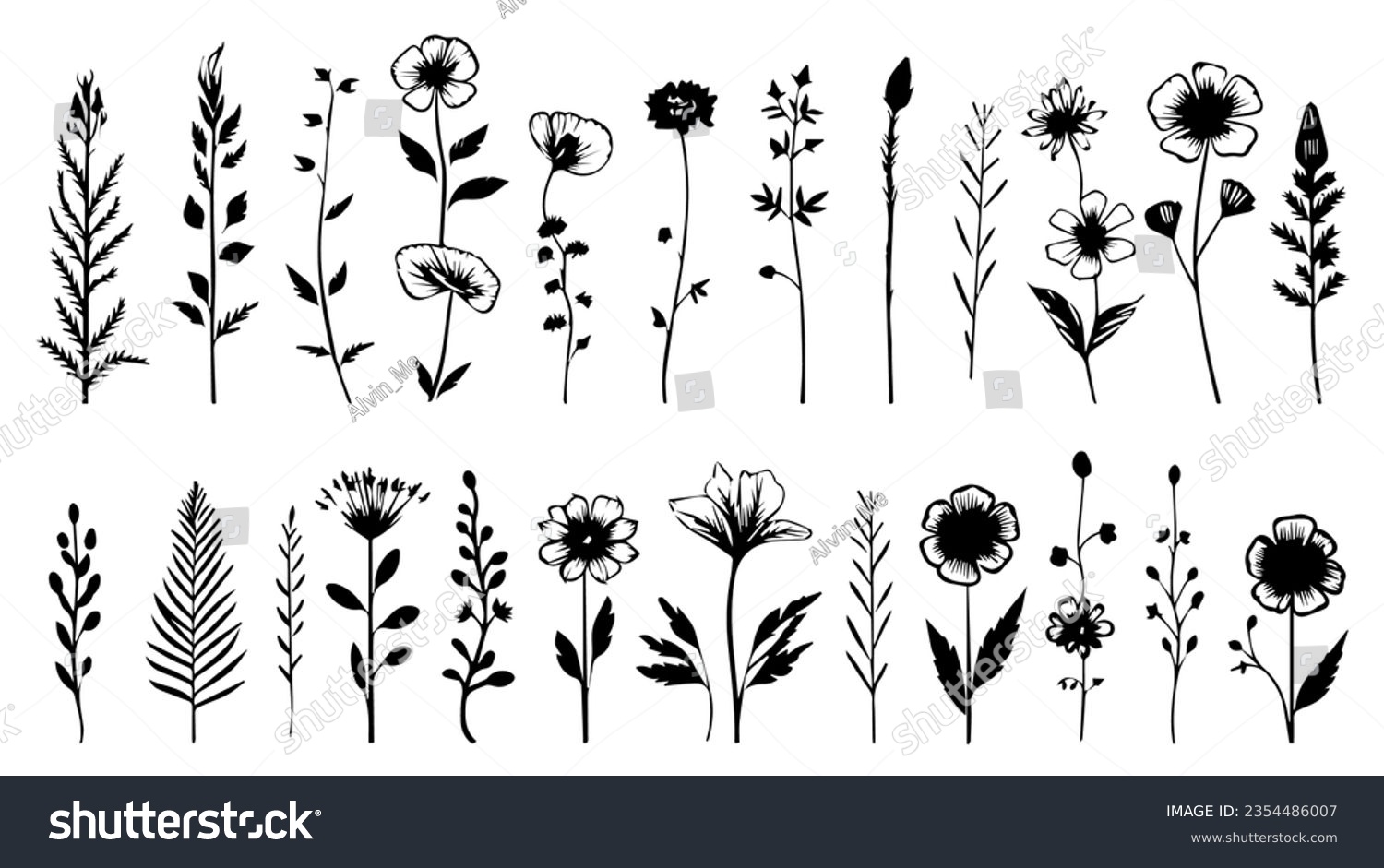 SVG of Set of tiny wild flowers and plants line art vector EPS file svg