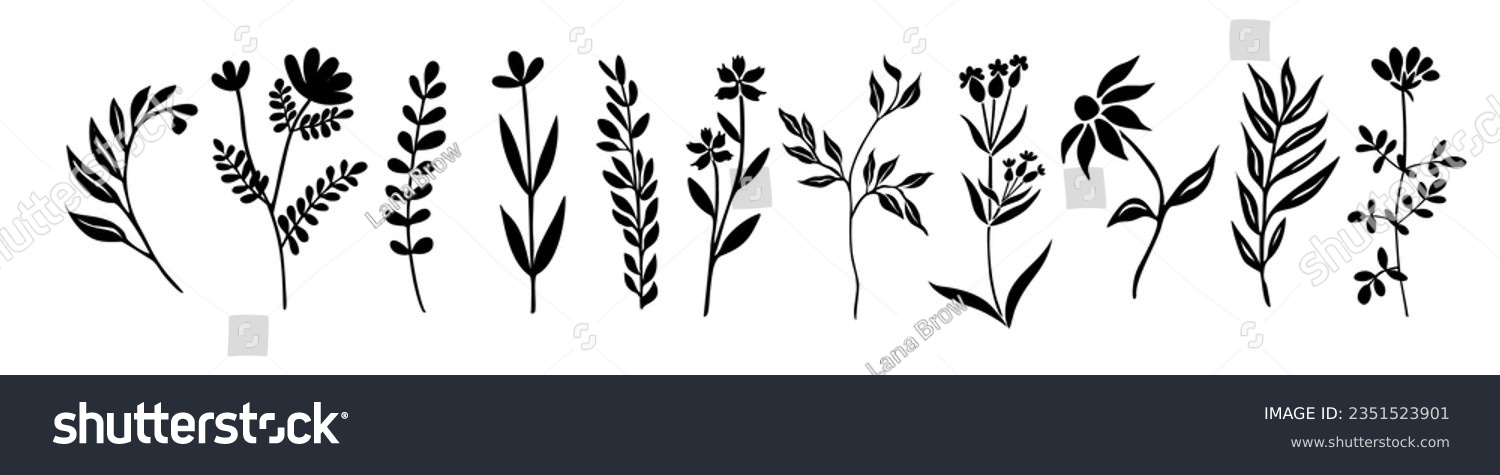 SVG of Set of tiny wild flowers and plants silhouettes. Trendy greenery hand drawn black sketch collection for logo, tattoo, wall art, packaging. Vector botanical illustrations isolated on white background svg