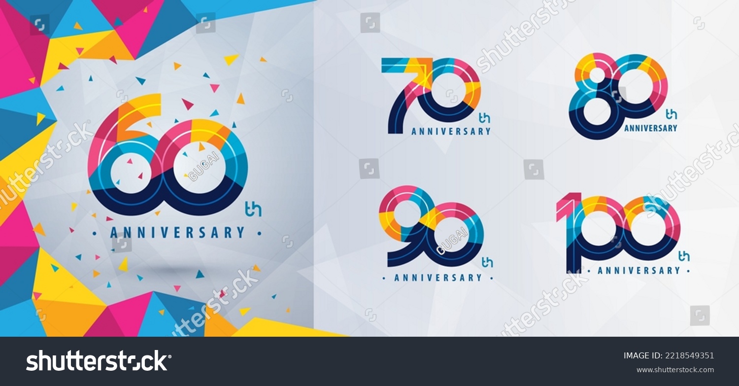 SVG of Set of 60 to 100 years Anniversary logotype design, Sixty to Hundred years Celebrate Anniversary Logo, Abstract Colorful Geometric Triangle for celebration, 60, 70, 80, 90, 100, Color Number Sign logo svg