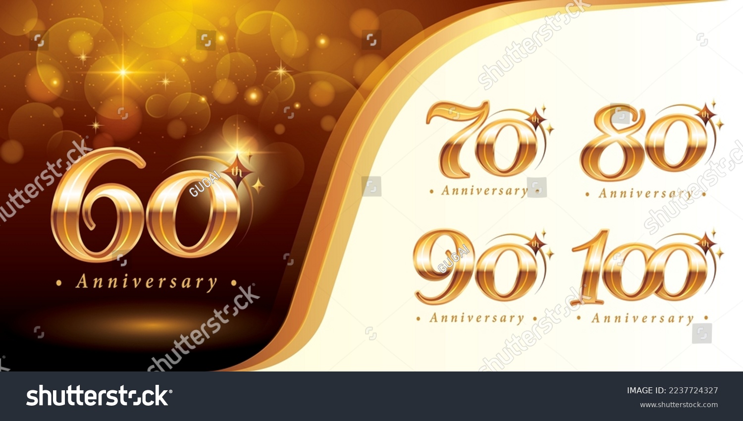 SVG of Set of 60 to 100 years Anniversary logotype design, Sixty to Hundred years Celebrating Anniversary Logo, Golden Elegant Classic Logo with Star, 60,70,80,90,100, Luxury and Retro Serif Number Letters. svg