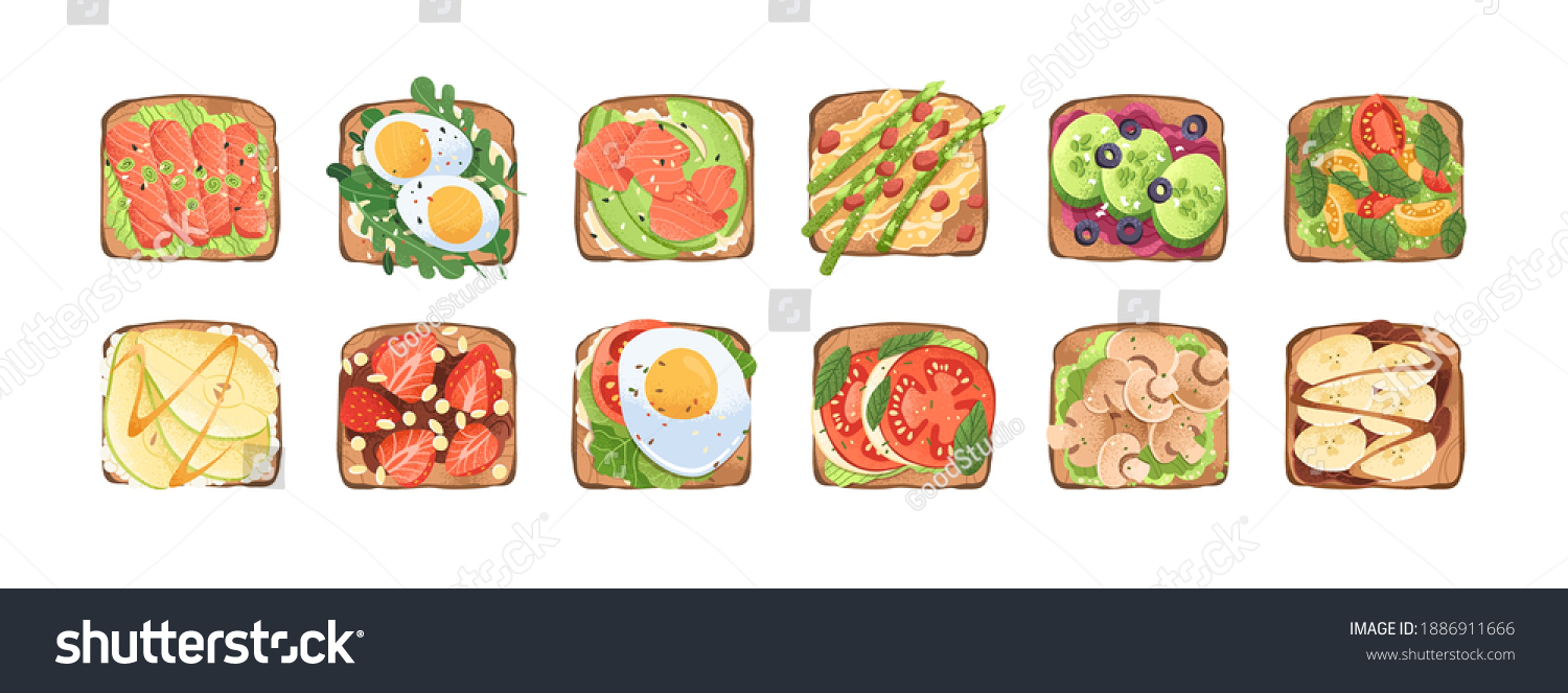 SVG of Set of toasts and sandwiches with different healthy ingredients. Slices of bread with eggs, avocado, champignons, vegetables, chocolate pasta and bananas. Flat vector illustration isolated on white svg