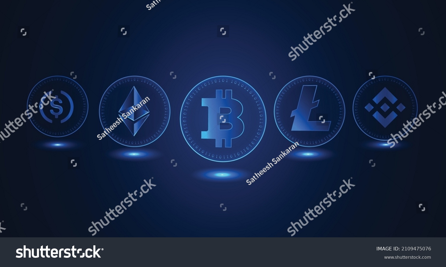 SVG of Set of top five cryptocurrency logo in futuristic style illustration vector. Bitcoin, ethereum, litecoin, binance coin and USDT coin  svg