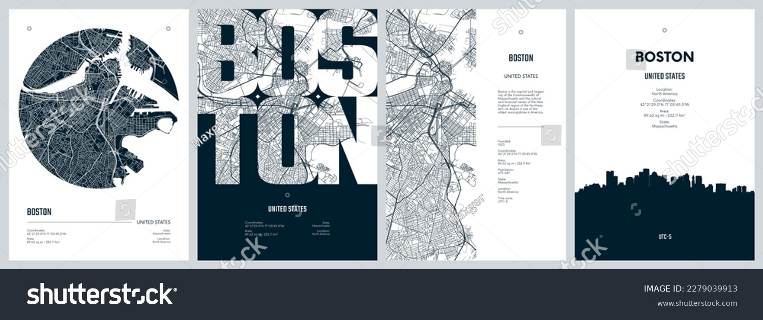 SVG of Set of travel posters with Boston, detailed urban street plan city map, Silhouette city skyline, vector artwork svg