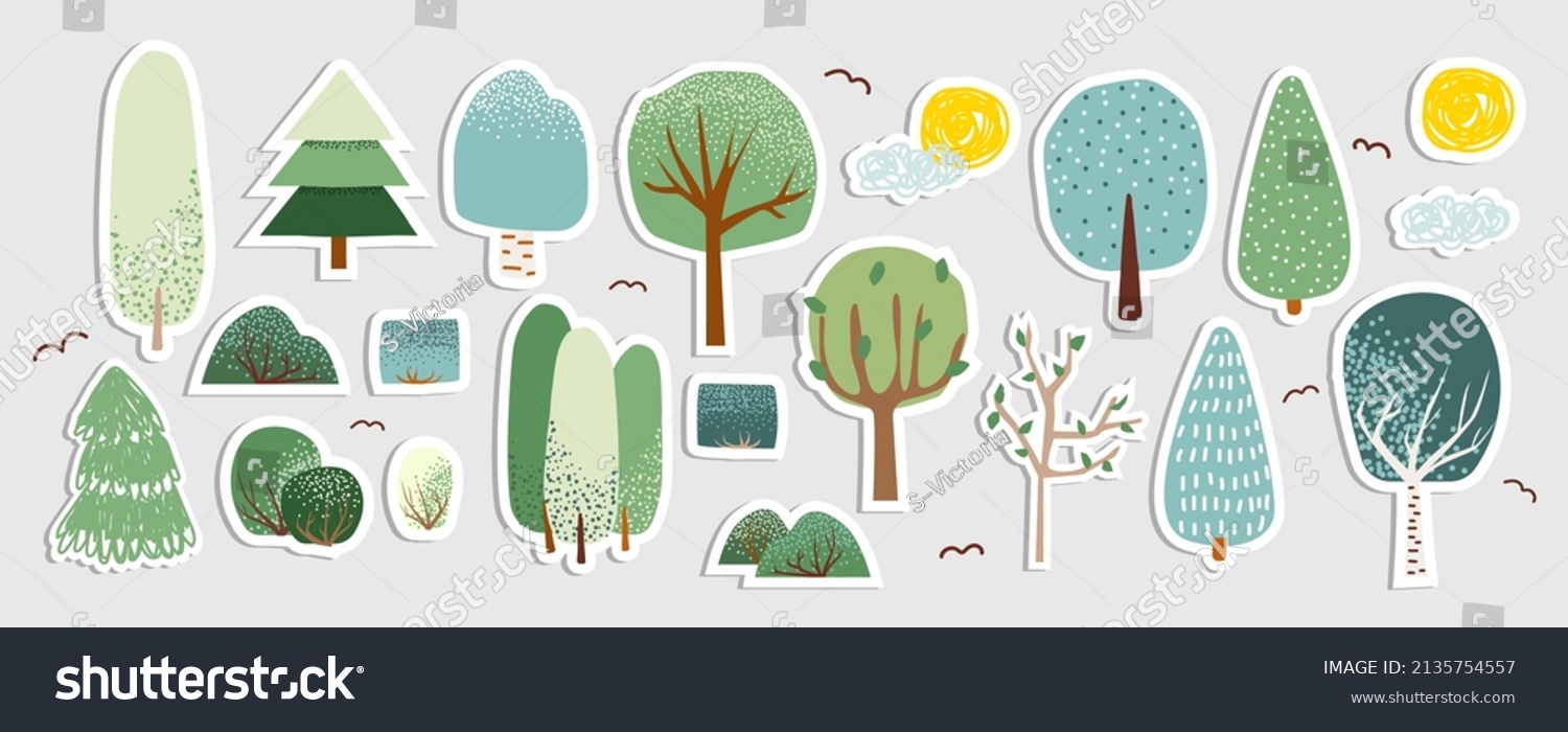 SVG of Set of trees stickers with white outline. Vector hand drawn illustration. svg