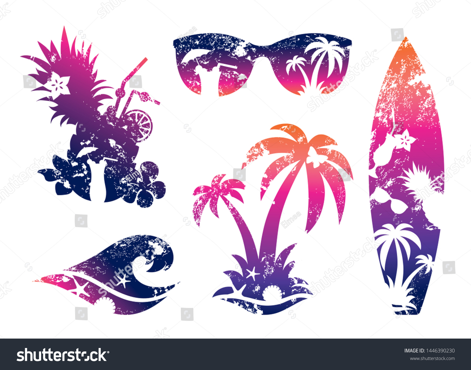 Set Tropical Beach Surf Prints Silhouettes Stock Vector Royalty