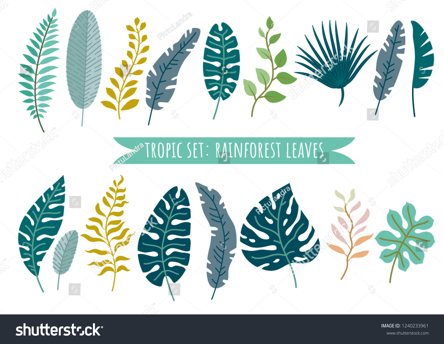 Set Tropical Leaves Vector Cartoon Rainforest เวกเตอร์สต็อก ปลอดค่า