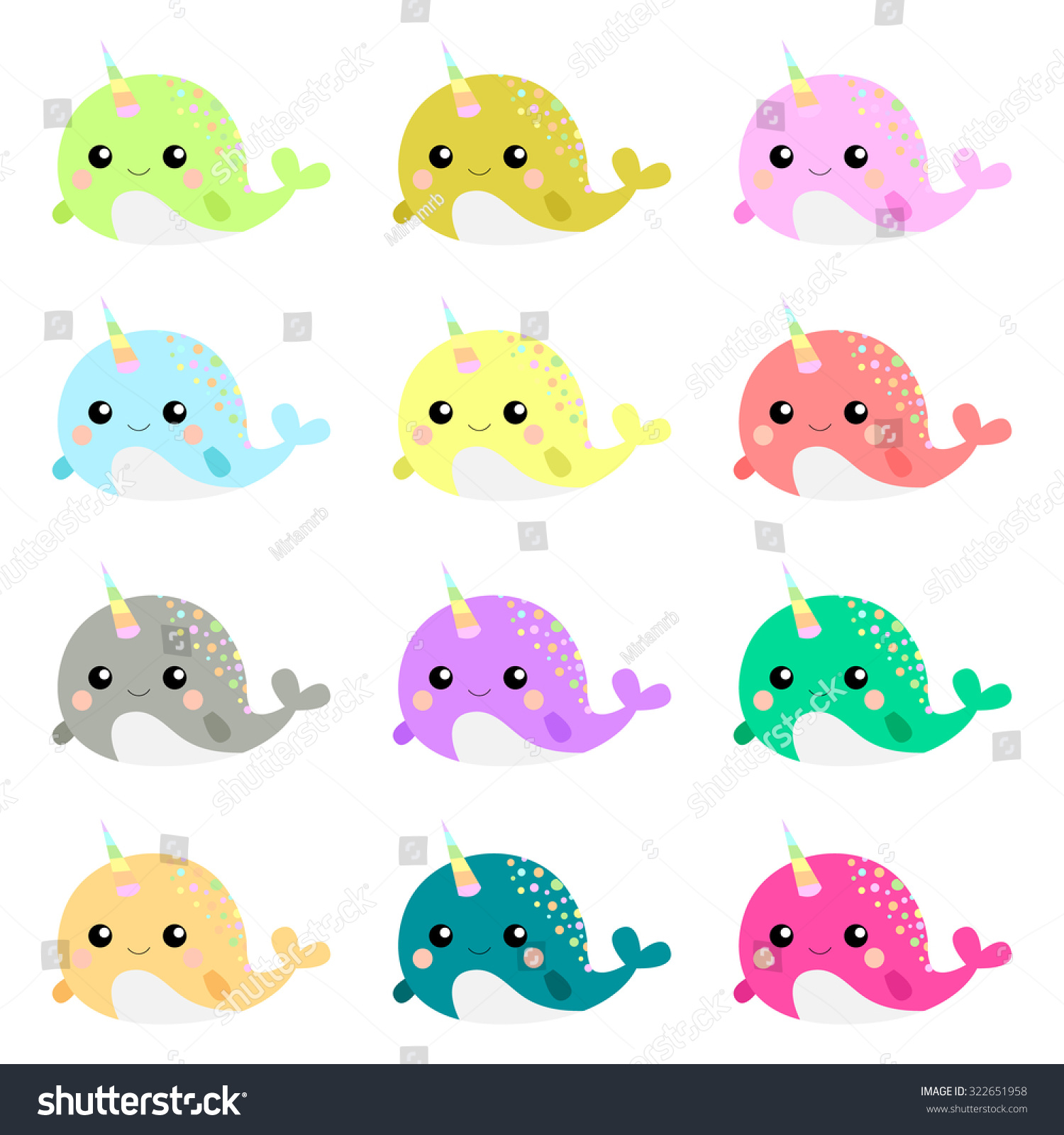 Set Twelve Cute Narwhals Rainbow Narwhal Stock Vector 322651958