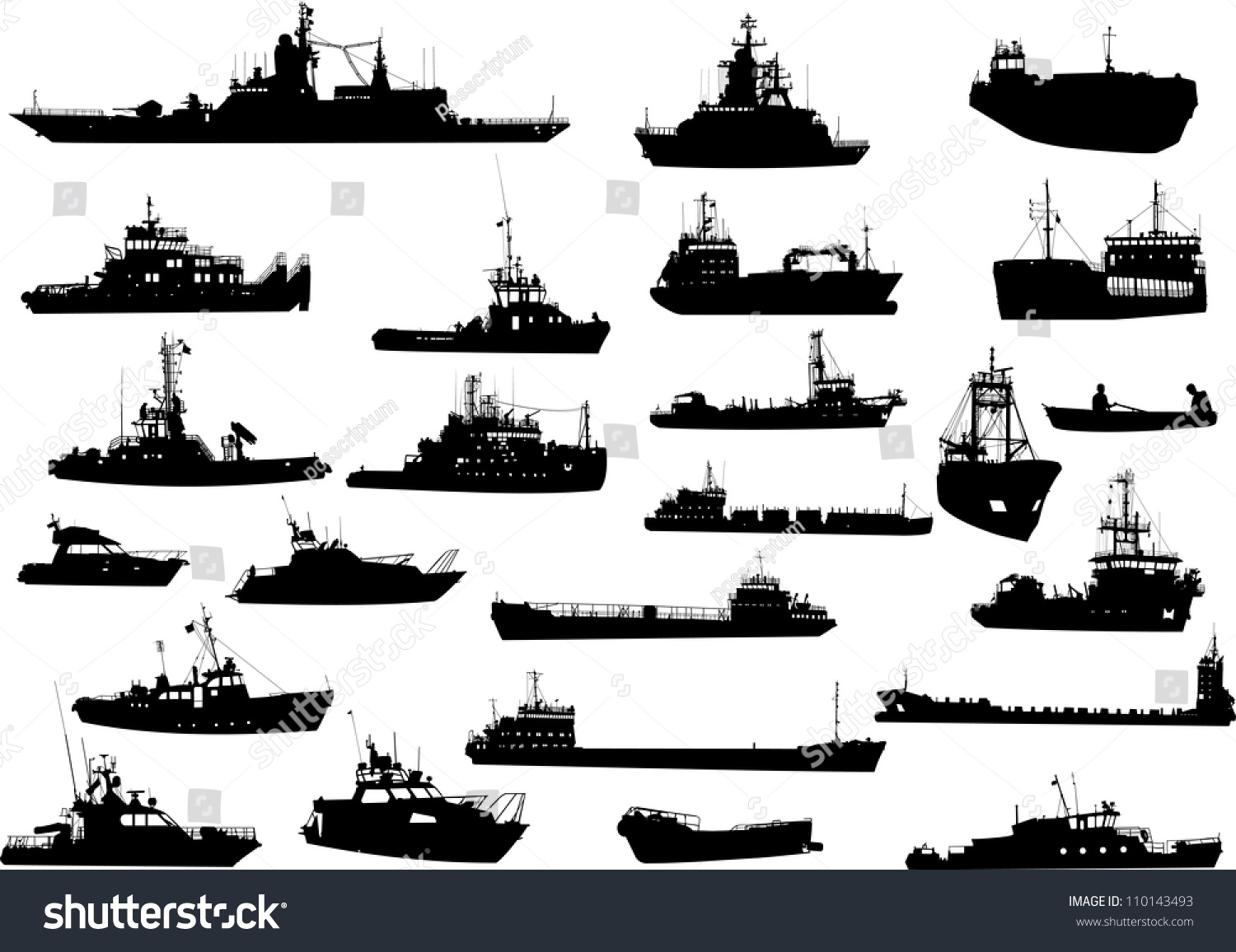 Set Of 24 (Twenty Four) Silhouettes Of Sea Yachts, Towboat, Battleship ...