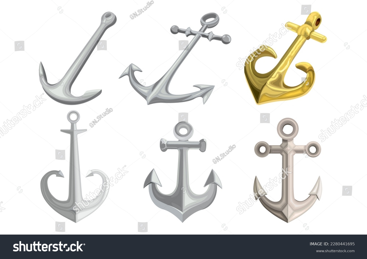 SVG of Set of types of steel antique Anchor icons. Ship anchors various collection. Golden and silver Anchors logo in different shapes isolated on white background. Web images for button. Vector illustration svg