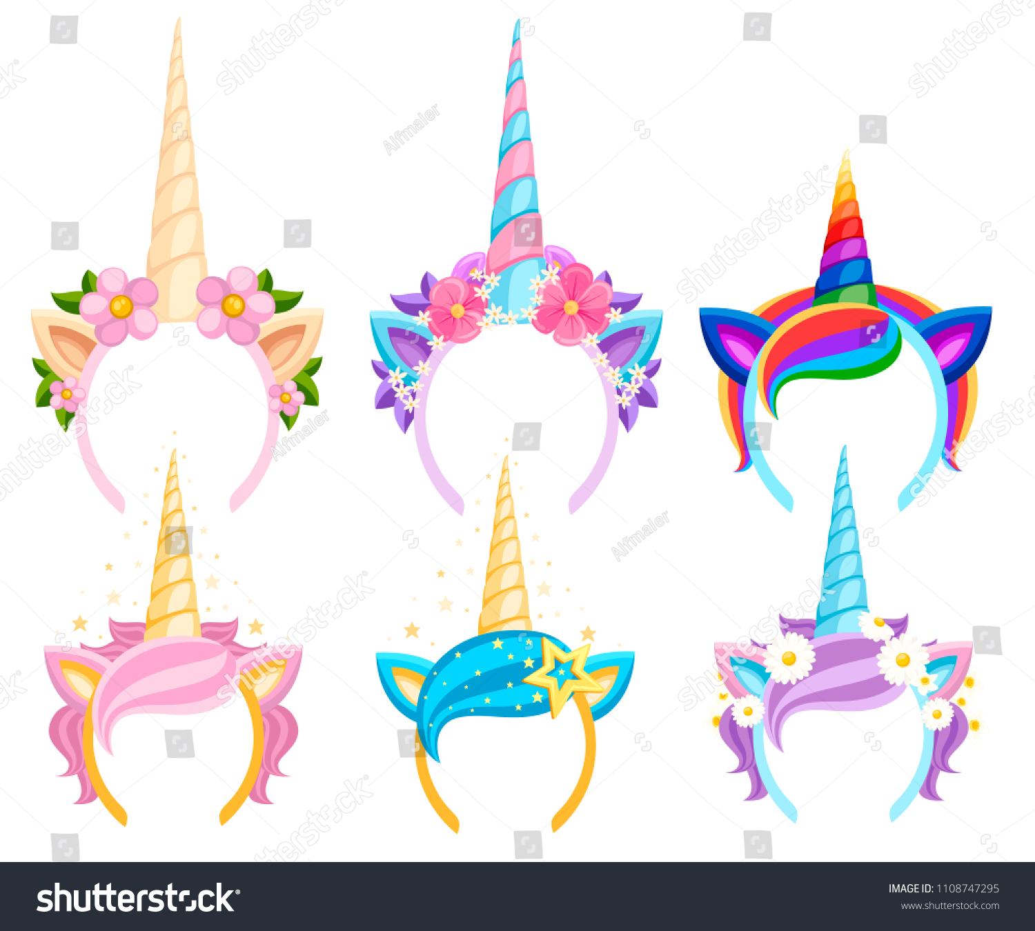 SVG of Set of Unicorn tiaras with flowers and leaf. Vector fashion accessory headband. Head band with rainbow style. Vector illustration isolated on white background. svg