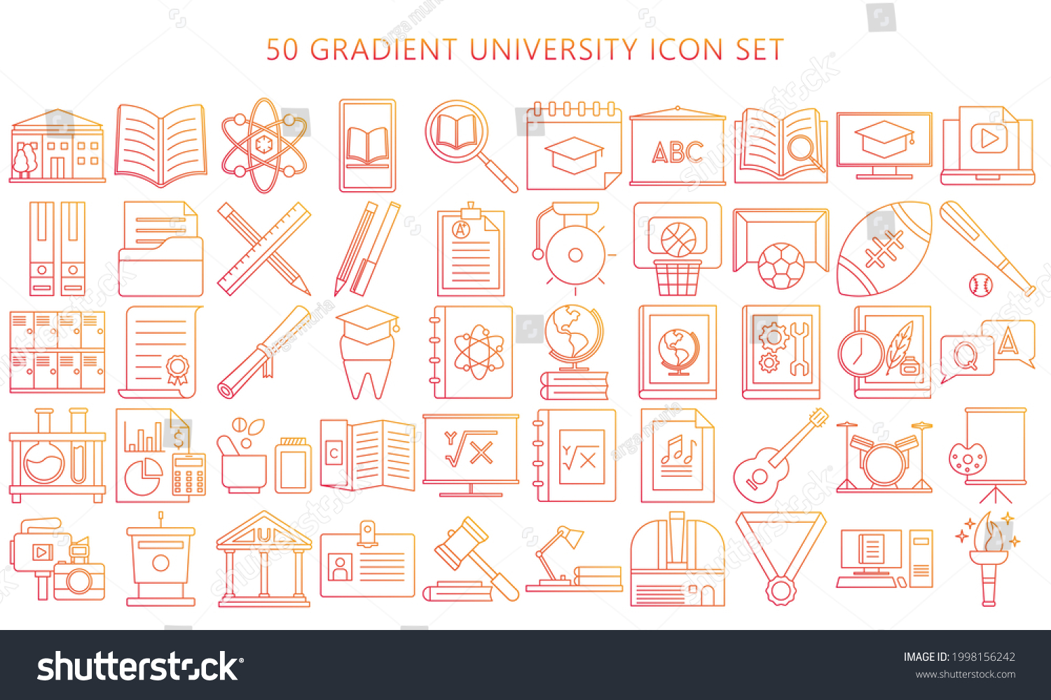 SVG of Set of university and college gradation thin lines icons. Contains Icons of any faculty, chemistry. physics, sports mathematics, economics, accounting and others. EPS 10 ready to convert to SVG svg