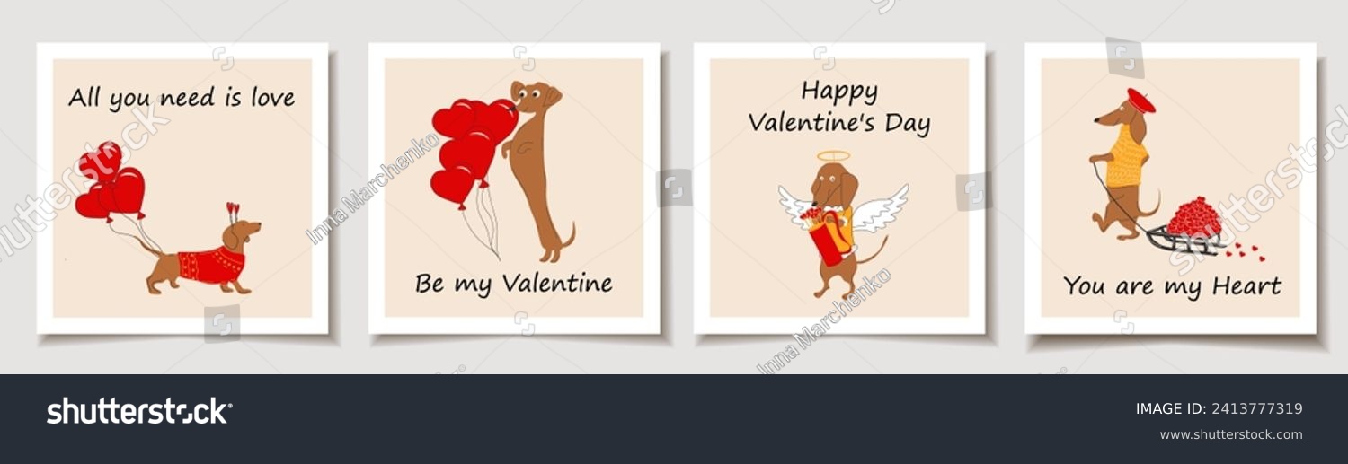 SVG of Set of Valentine's day cards with Dachshunds dogs pulls a hearts. Love, Valentine's Day svg